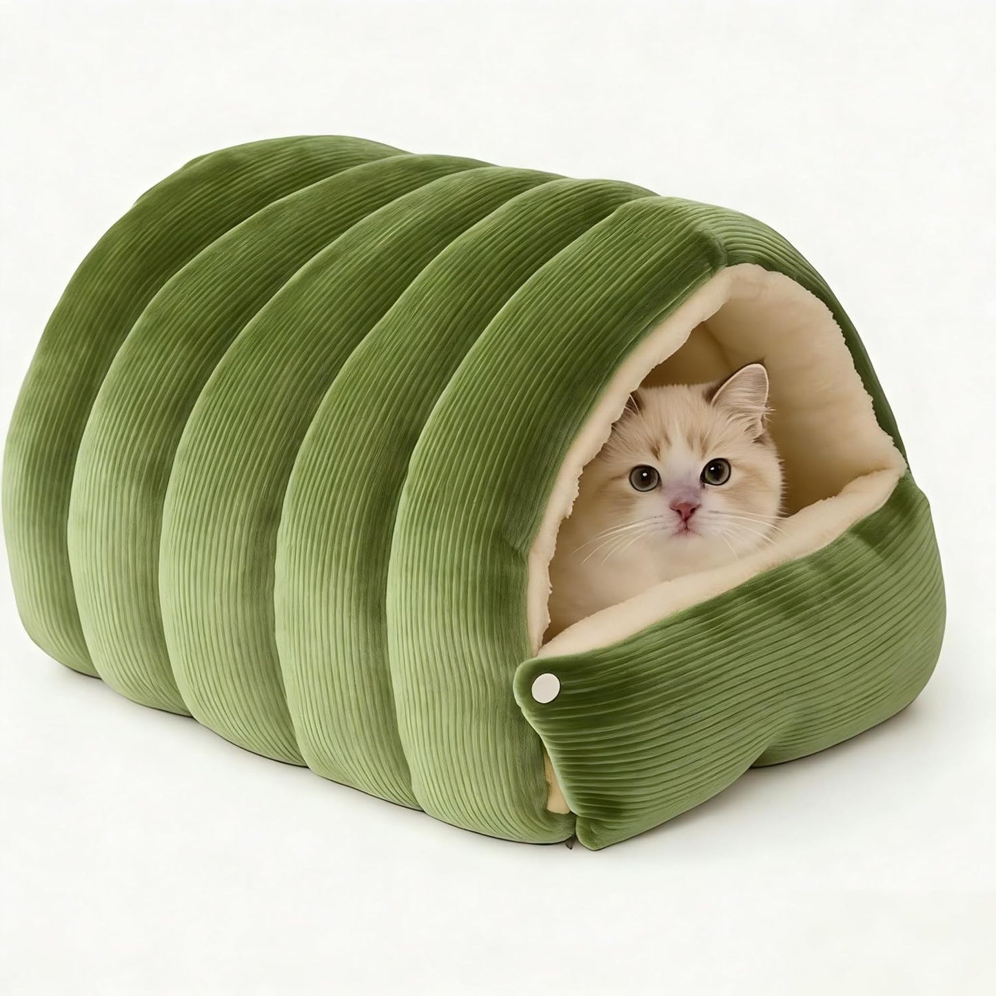Cat Cave Bed with Hood - Indoor Cat Bed for Cats, Soft Cat Sleeping Bag, Pet Cave for Cats, Detachable Design (Green, 22 inch)