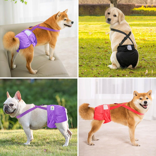 Idepet Female Dog Diapers with Suspender 3 Pack Washable Reusable Doggie Diapers for Small Medium Female Dog in Heat Period Cycle Urinary Incontinence Training, Black+Red+Purple S