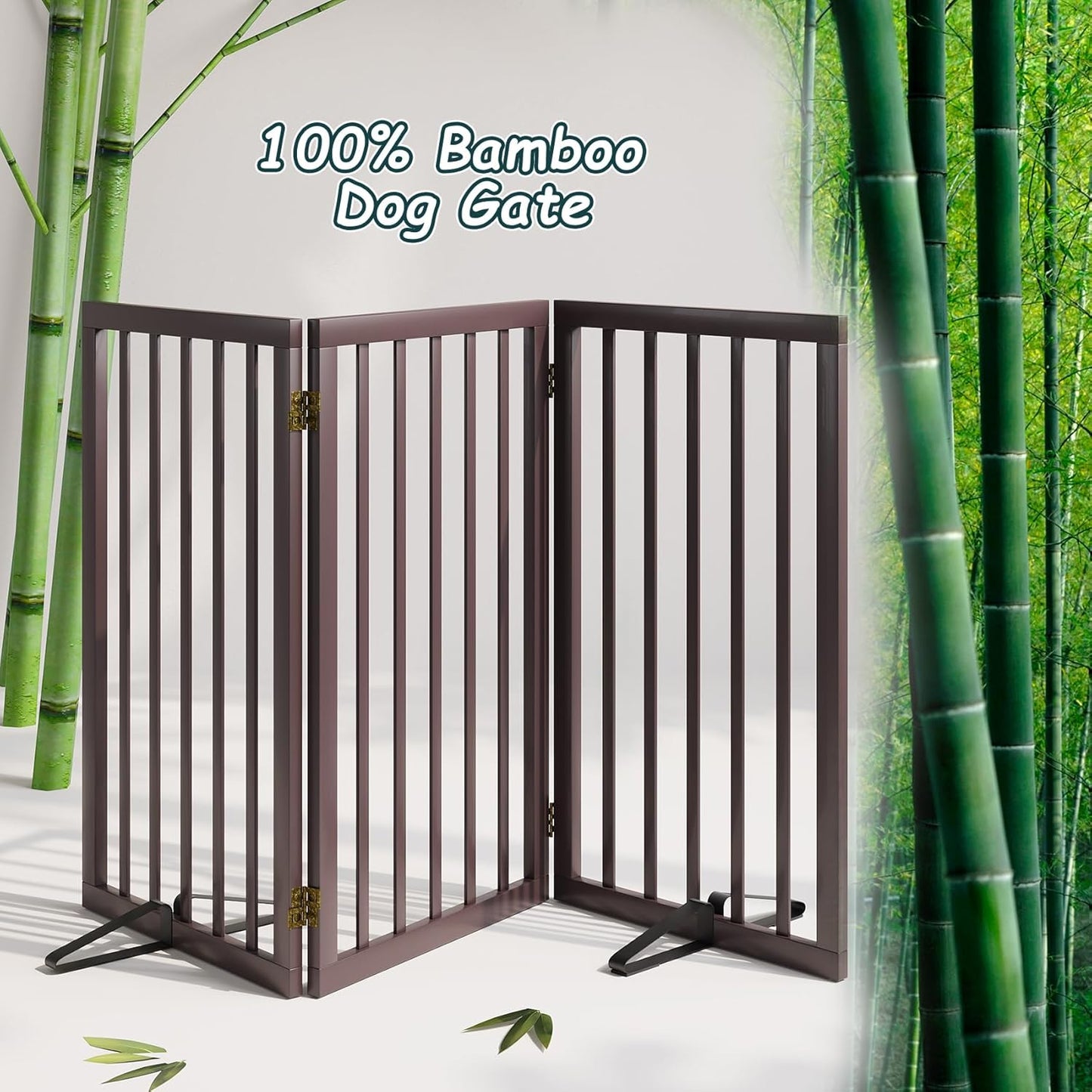 높이 81.3cm(32인치) 엑스트라 톨 프리 스탠딩 반려견 게이트, 금속 스탠드 2개가 있는 3패널 대나무 반려동물 게이트, 360° 경첩이 있는 실내 독립형 게이트, 계단, 출입구용 접이식 반려동물 장벽, 너비 139.7cm(55인치) x 높이 81.3cm(32인치) - 에스프레소