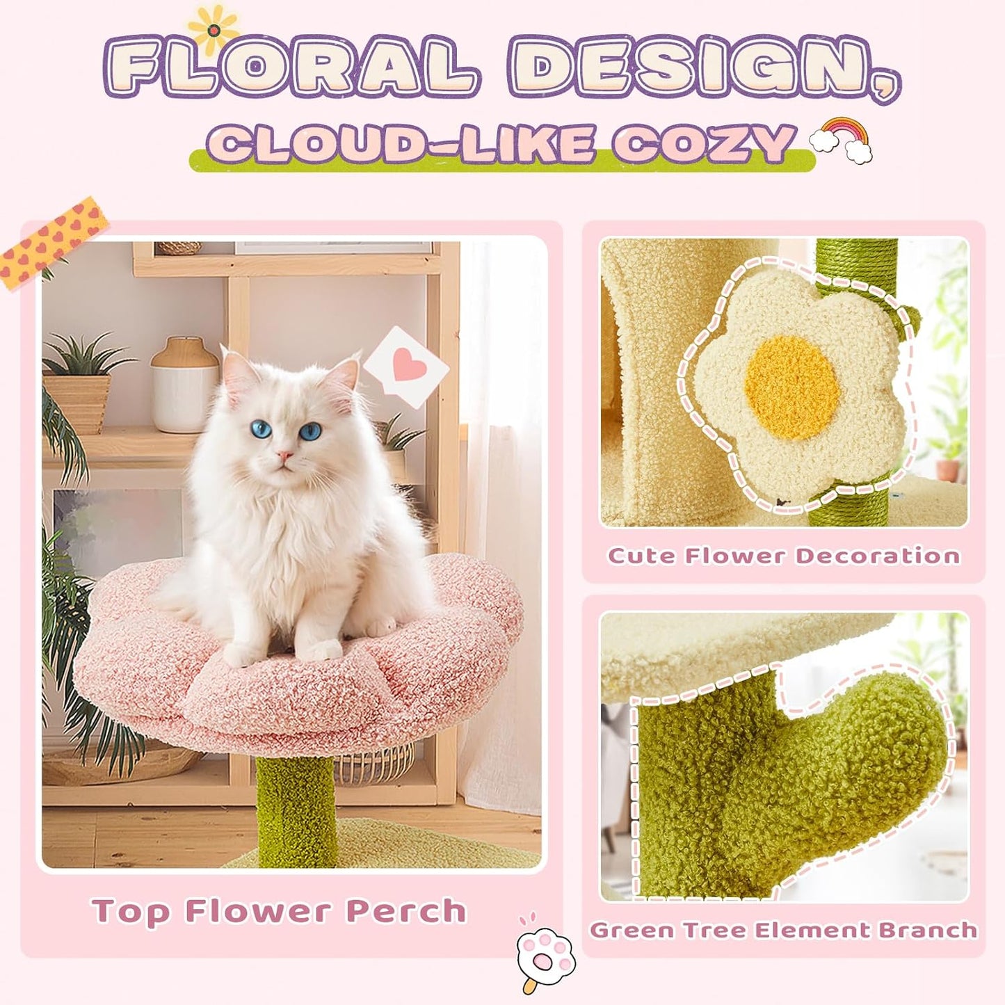 Erinnyees Flower Cat Tree, 38.2 Inches Cat Tower, Multi-Level Indoor Kitty Tree Tower, Kitty House with Cozy Top Flower Platform, Spacious Condos, Soft Hammock, Sisal Scratching Post
