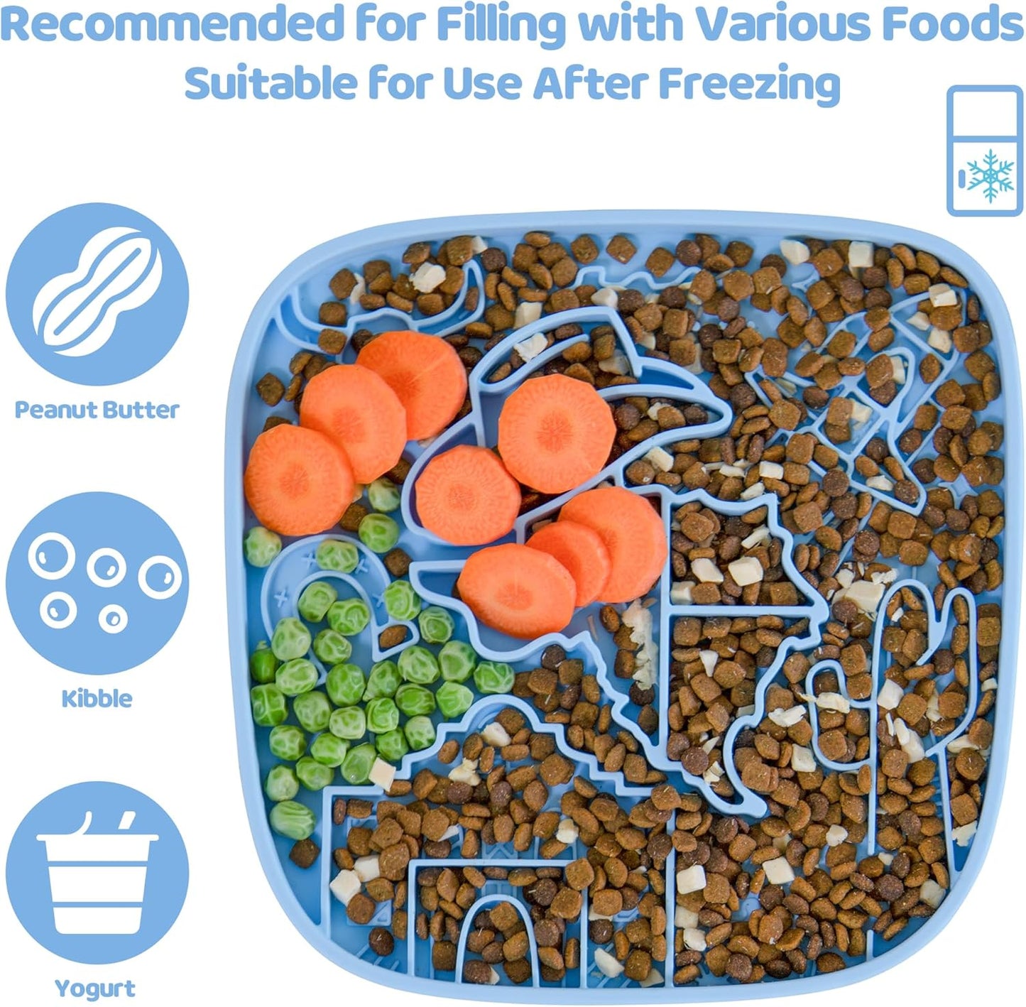 Puzzle Feeder Snuffle Mat and Lick Mat for Dogs,Texas Textured Slow Feeder, 0.75 Inch Thin Silicone Mat Holds 3 Cups, Dishwasher and Microwave Safe, Blue