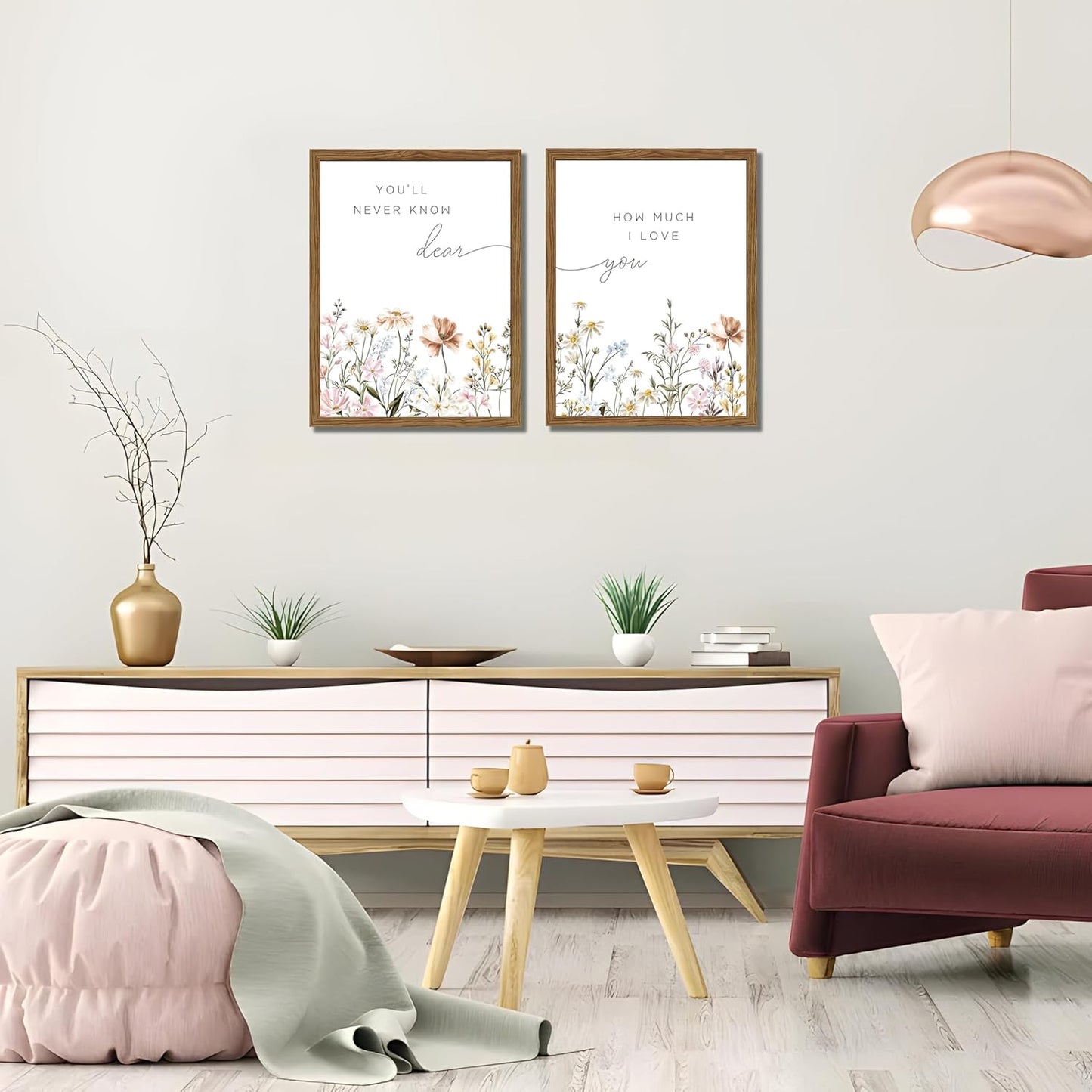 Wood Framed Wildflower Nursery Wall Art Set of 2, Boho Flower Botanical Wall Decor Paintings, Baby Girl Nurseries Pictures Posters Prints for Nursery Baby Room Bedroom Home Decoration 12x16 Inch