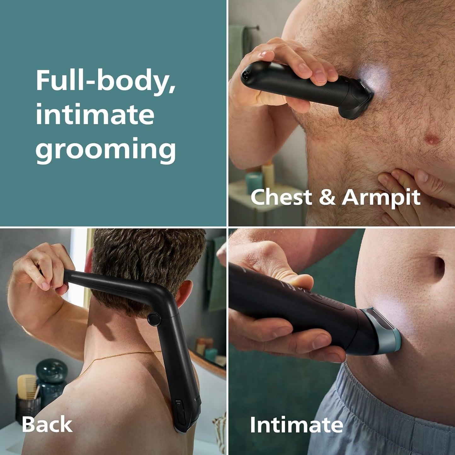 Philips Norelco Body Groomer 9000 Series, Body Hair Trimmer for Men & Intimate Shaver System with UV Cube Cleaner & Adjustable Back Attachment, 100% Showerproof, BG9480/50