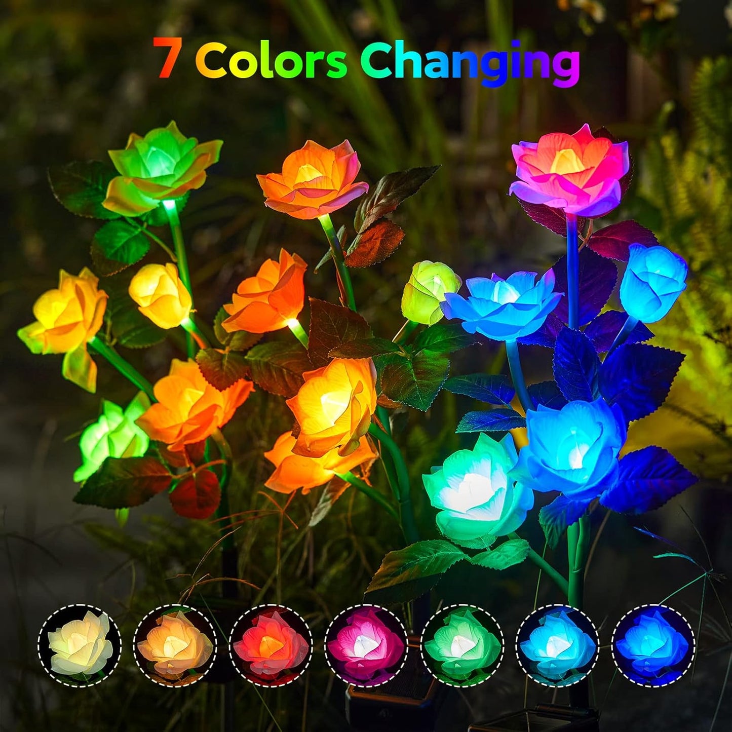 RECHOO Solar Garden Lights Outdoor Decorative, 3 Pack Solar Flower Lights with 15 Rose Flowers, Multi-Color Changing LED Waterproof Garden Decor for Landscape Pathway, Mother's Day Gifts for Women