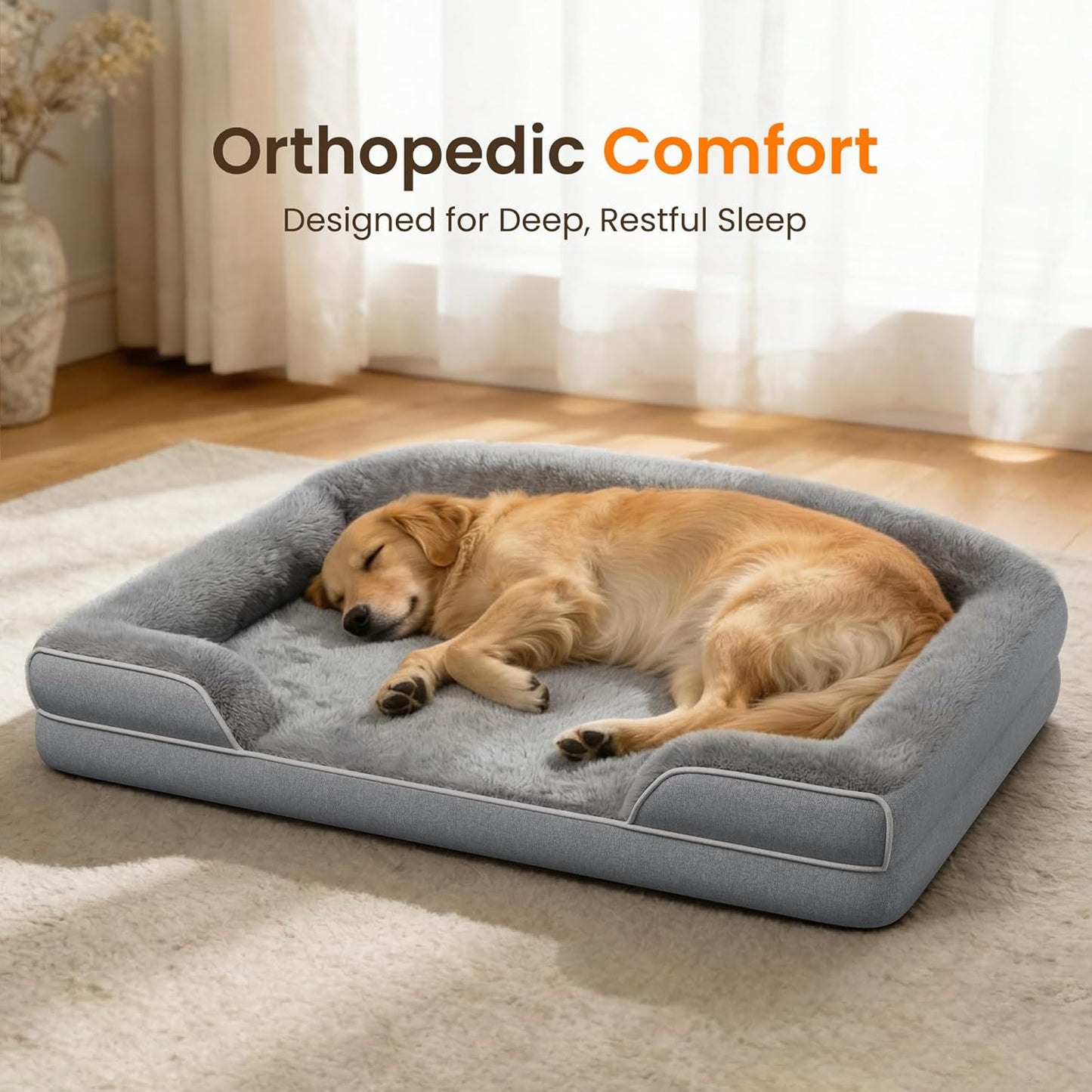 Orthopedic Dog Bed for Extra Large Dogs 45 x 30 Inch Waterproof Memory Foam XL Dog Sofa Bed with Sides Non Slip Big Dog Couch Bed with Washable Removable Cover Light Grey