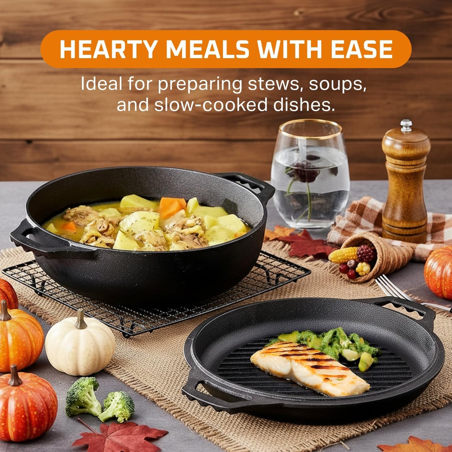 Bruntmor 2-in-1 Pre-Seasoned Cast Iron Dutch Oven with Grill Lid, 3.3 Quart - Cocotte Dutch Oven Pot and Braiser Pan with Lid and Dual Handles - Oven-Safe, Gumbo Pot for BBQ, Frying, Camping, Black