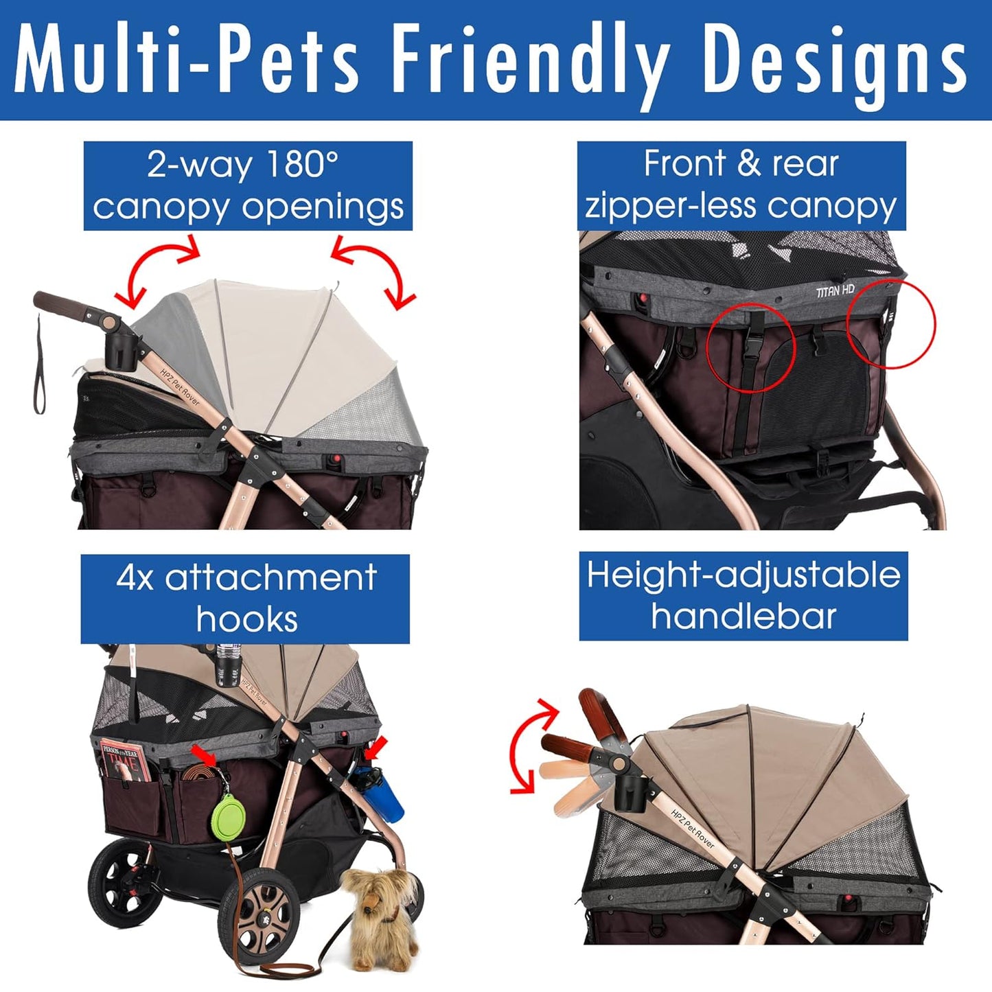 HPZ Pet Rover Titan-HD Premium Super-Sized Dog/Cat/Pet Stroller SUV Travel Carriage/w Access Ramp/100Lbs Capacity/Pumpless Rubber Wheels/Aluminum Frame for Small, Med, Large, XL Pets (Taupe)