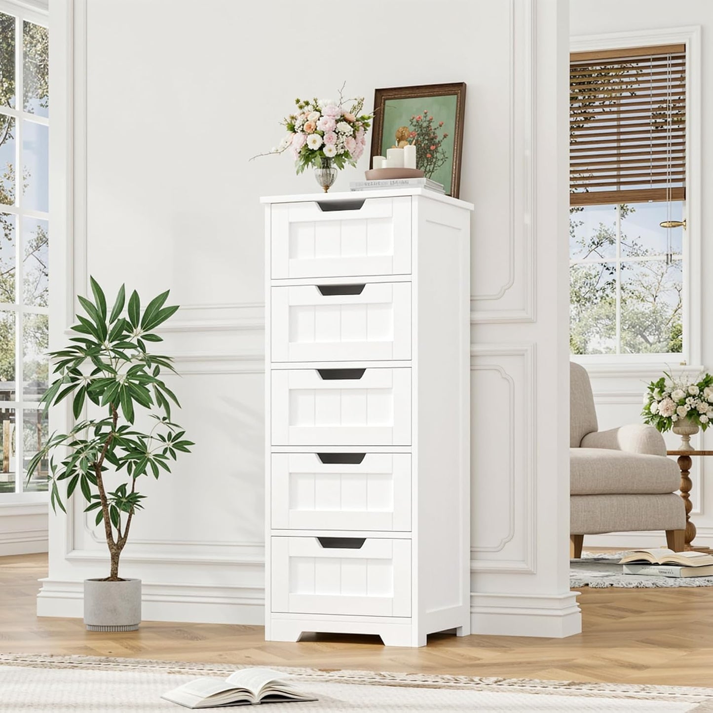 FOTOSOK Bathroom Cabinet, Bathroom Storage Cabinet with 5 Drawers, Wooden Storage Cabinets with Cut-Out Handles, 11.8” x 15.7” x 40.1” Bathrooms Floor Cabinets for Hallway/Living Room, White