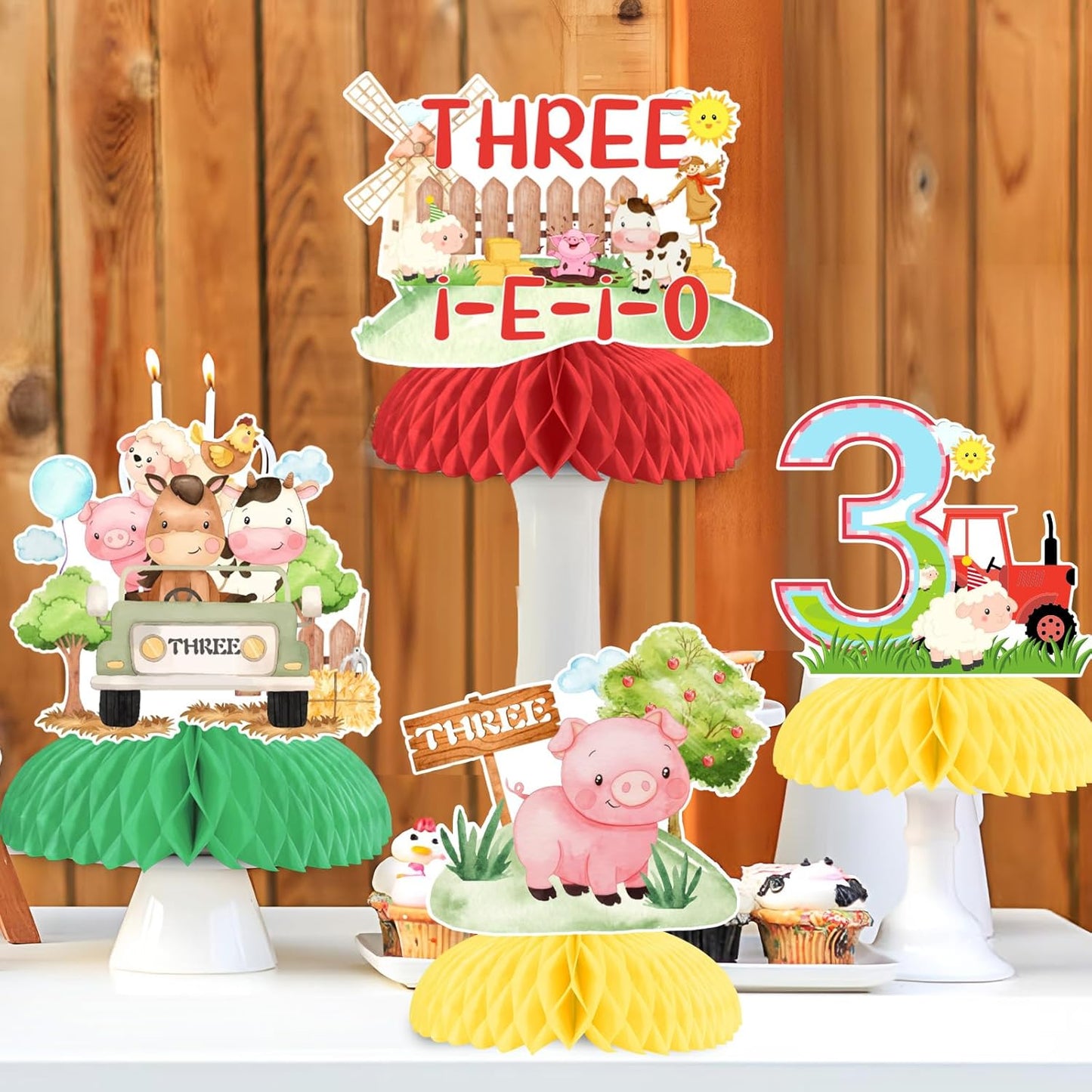 Farm Animal 3rd Birthday Decorations, 8PCS Three i e i o Farm Animal Table Decorations Honeycomb Centerpieces Farm Theme Table Toppers for Boys Girls 3rd Barnyard Birthday Party Supplies