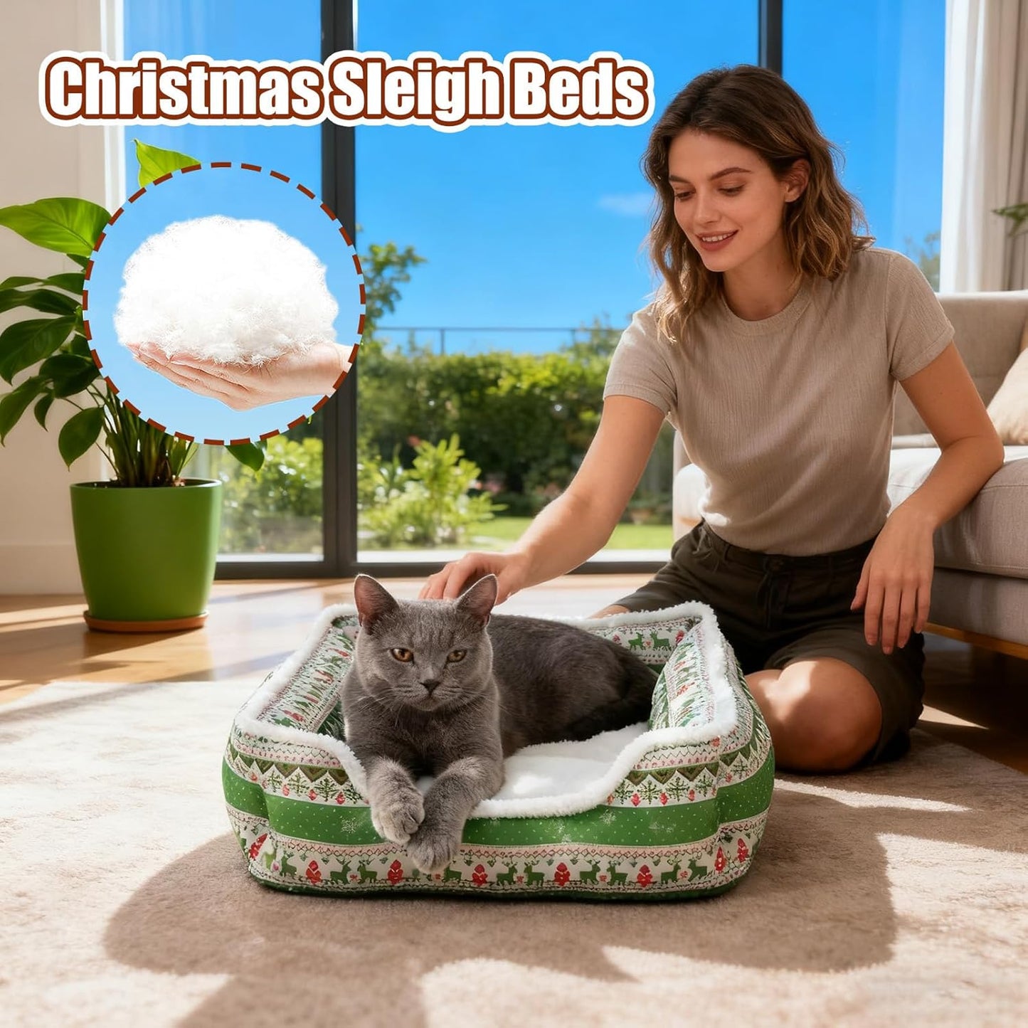Christmas Cat Bed - Plush Comfortable Washable Pet Cushion for Winter Rest, Soft Thick Padding with Removable Cover, Sleigh Dog Bed for Outdoor Travel, Car, Camping, Desk, Window, Chair, Couch