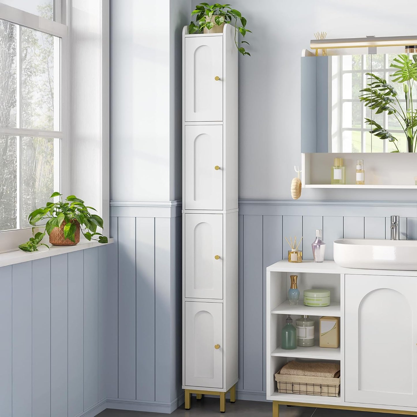 4-Tier Narrow Tall Storage Cabinet, Slim Bathroom Storage Cabinet with 4 Adjustable Feet and Shelves, Bathroom Organization for Small Space, Kitchen, Living Room, Laundry Room White BC42213G