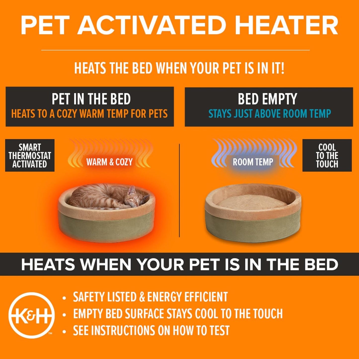 K&H Pet Products Thermo-Kitty 실내 고양이 및 개를 위한 온열 고양이 침대, 진정 보온 베개 반려동물 침대, 세탁기 사용 가능, 탈착식 히터, 안전 등록 - 스몰 40.6cm(16인치) 원형 모카/탠