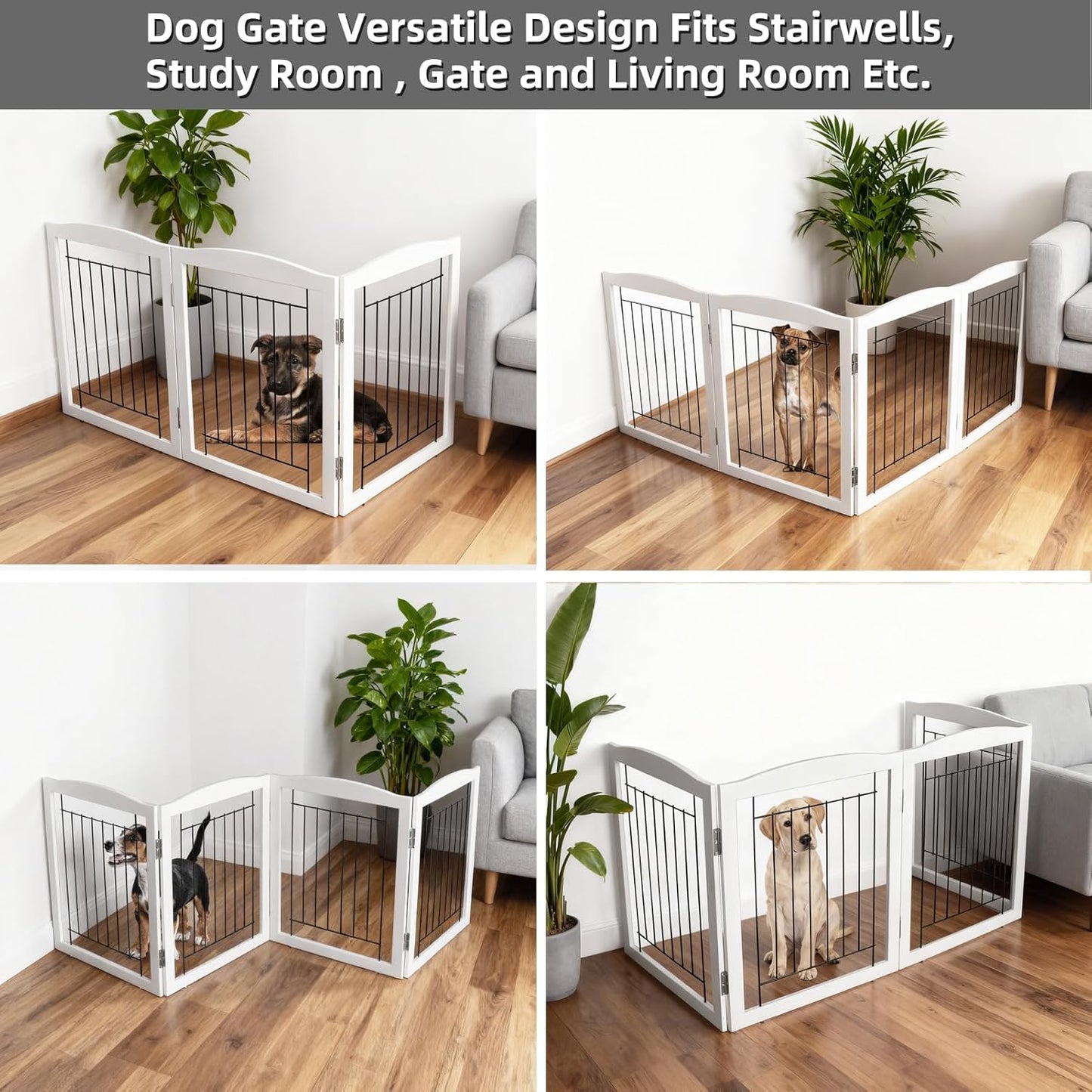 ZJSF Freestanding Foldable Dog Gate for House Extra Wide Wooden White Indoor Puppy Gate Stairs Doorways Pet Gate Tall Dog Fence 3 Panels Fence