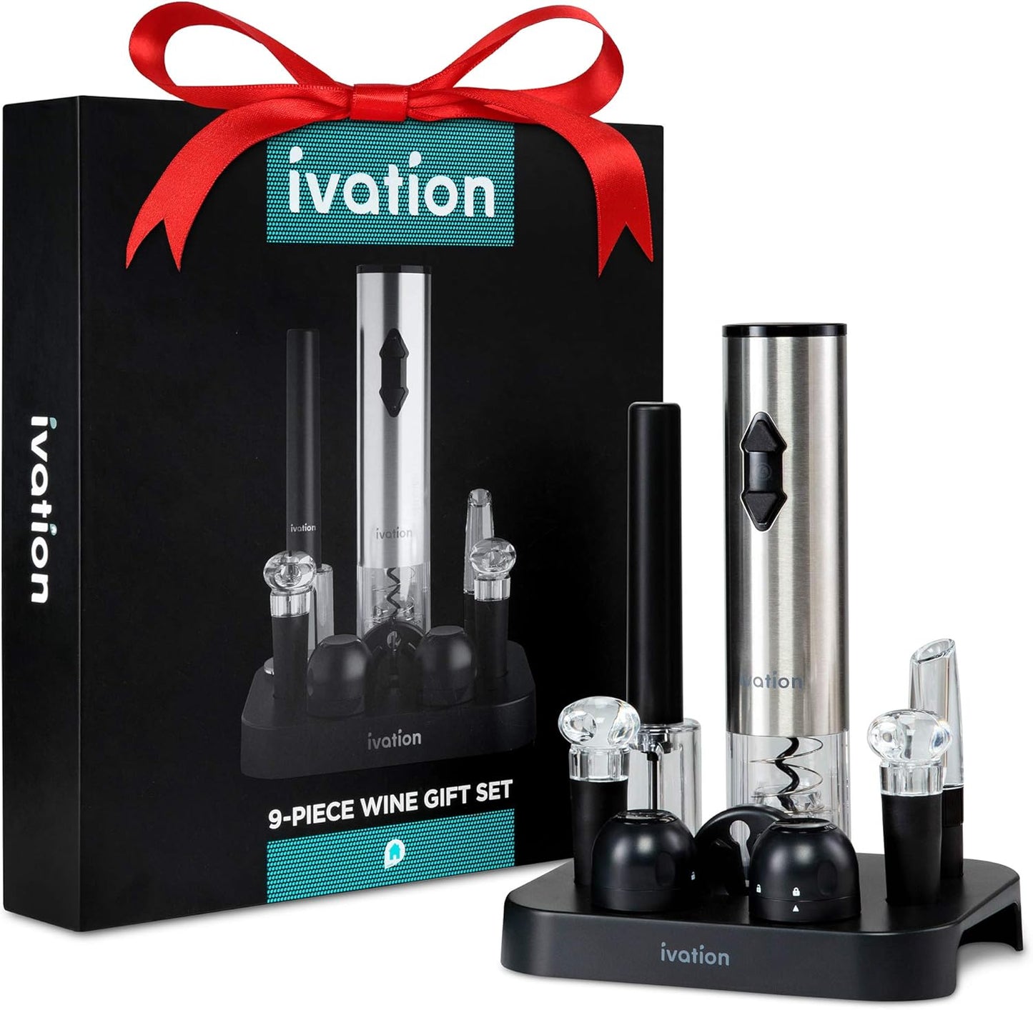 Ivation 9-Piece Wine Set | Electric Opener, Air Pump, Pourer with Aerator, Wine and Champagne Stoppers, Foil Cutter, and Stand.