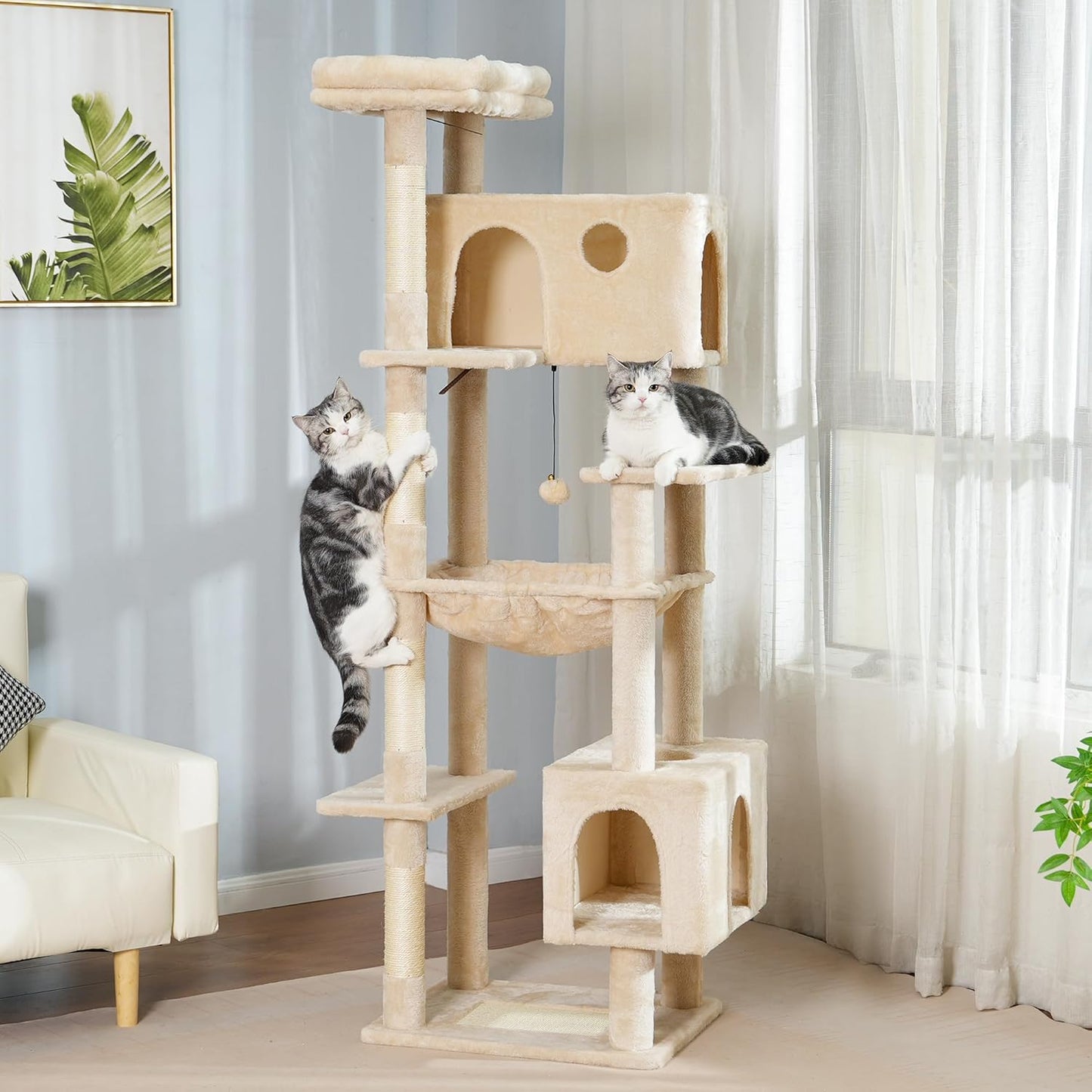 72” Cat Tree for Large Cats Big Cat Tower with Enlarged Hammock 21.6x17.7” Spacious Cats Condo House, Roomy Top Bed,Multiple Scratch Posts and Pad for Indoor Adult Cats (Beige, XLarge-72)