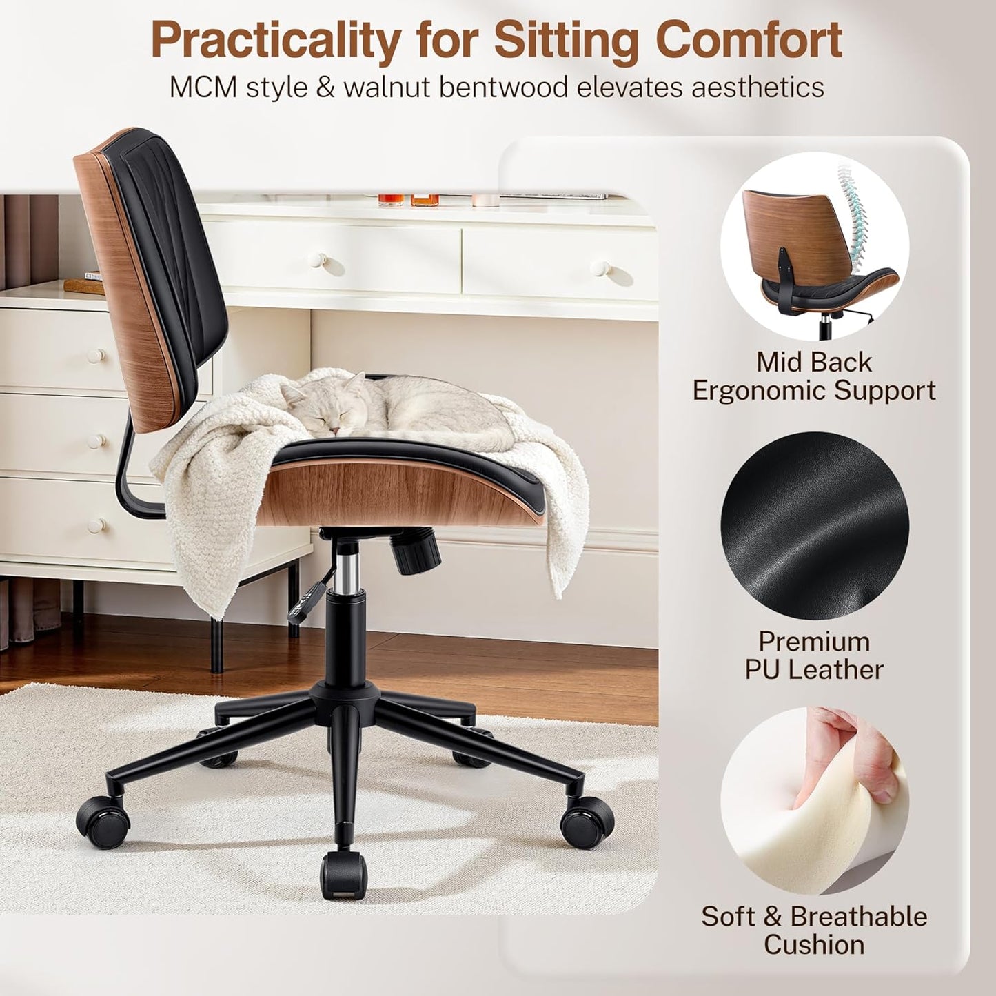 Ergonomic Armless Office Desk Chair - Mid-Century Modern Black Faux Leather with Diamond Stitch, Adjustable Height Swivel Rolling Task Computer Chair with Walnut Accent for Home Office, Study & Work
