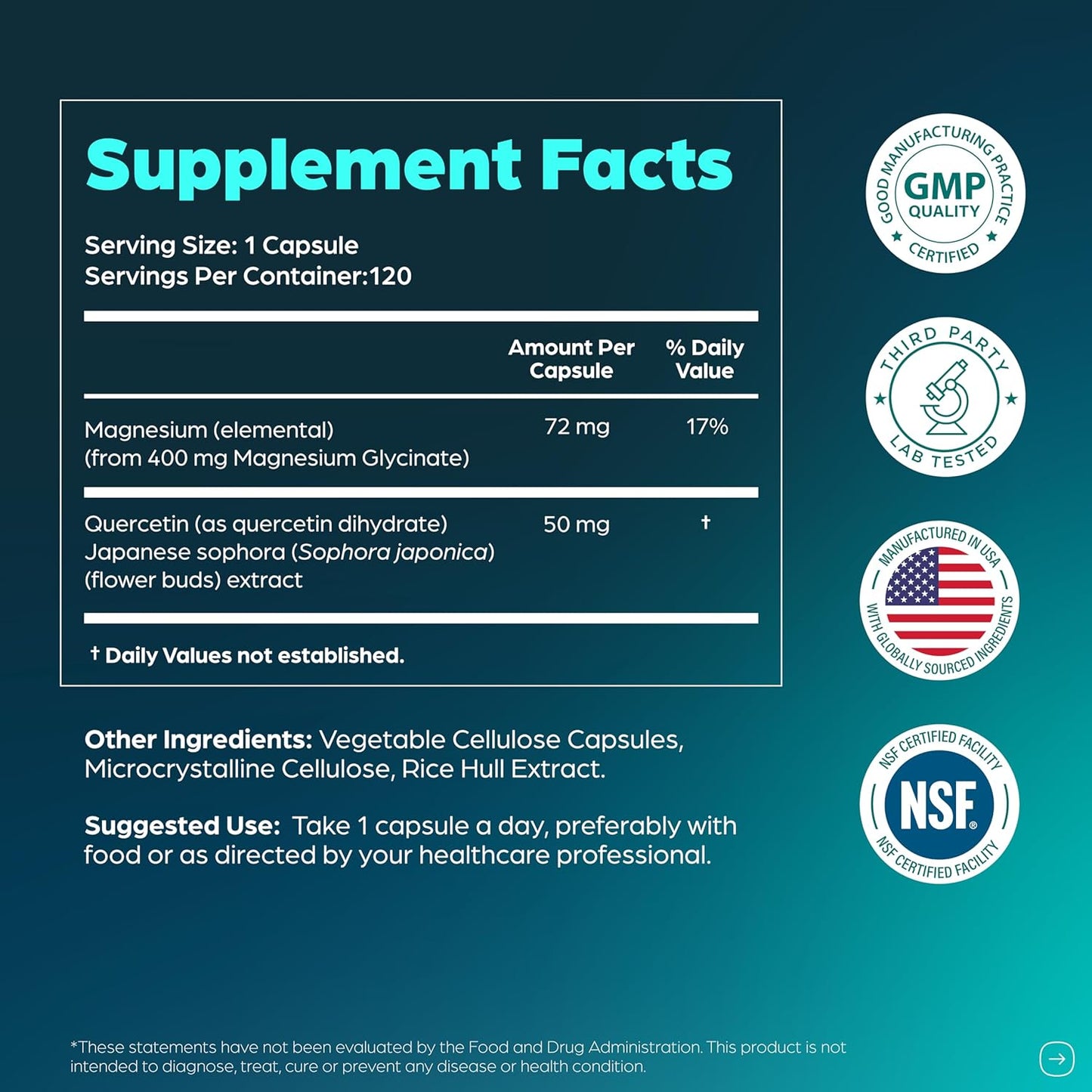 Magnesium Glycinate 400mg High Absorption Capsules with Quercetin | Quality Sleep, Relaxation & Muscle Health Supplement for Women and Men | Chelated Magnesium 120 Count (Pack of 1) | Easy to Swallow