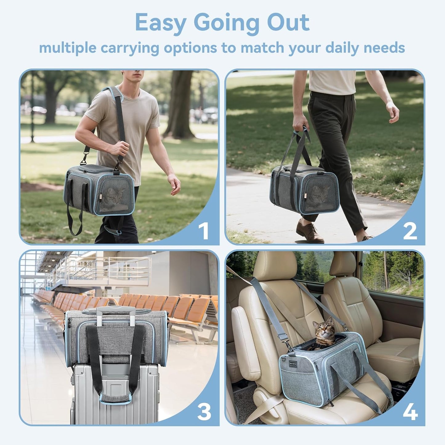 Petsfit Expandable Small Cat Carriers Dog Carrier, Airline Approved Soft-Sided Portable Washable Pet Travel Carrier with Two Extension Up to 9LB