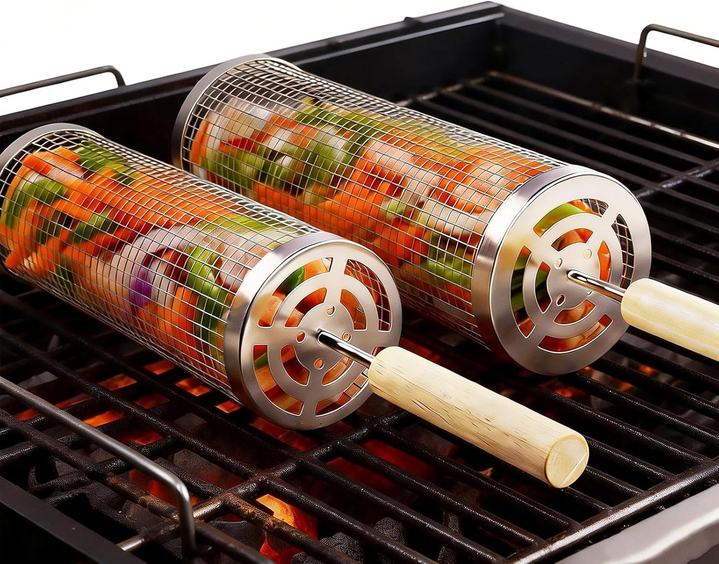 Rolling Grill Basket 2-Pack, Premium 304 Stainless Steel, Removable Wooden Handles, Upgrade Rolling Grill Baskets for Outdoor Grill, BBQ Grill Accessories for Camping/Backyard Cooking, Ideal Gift for Dad/Husband