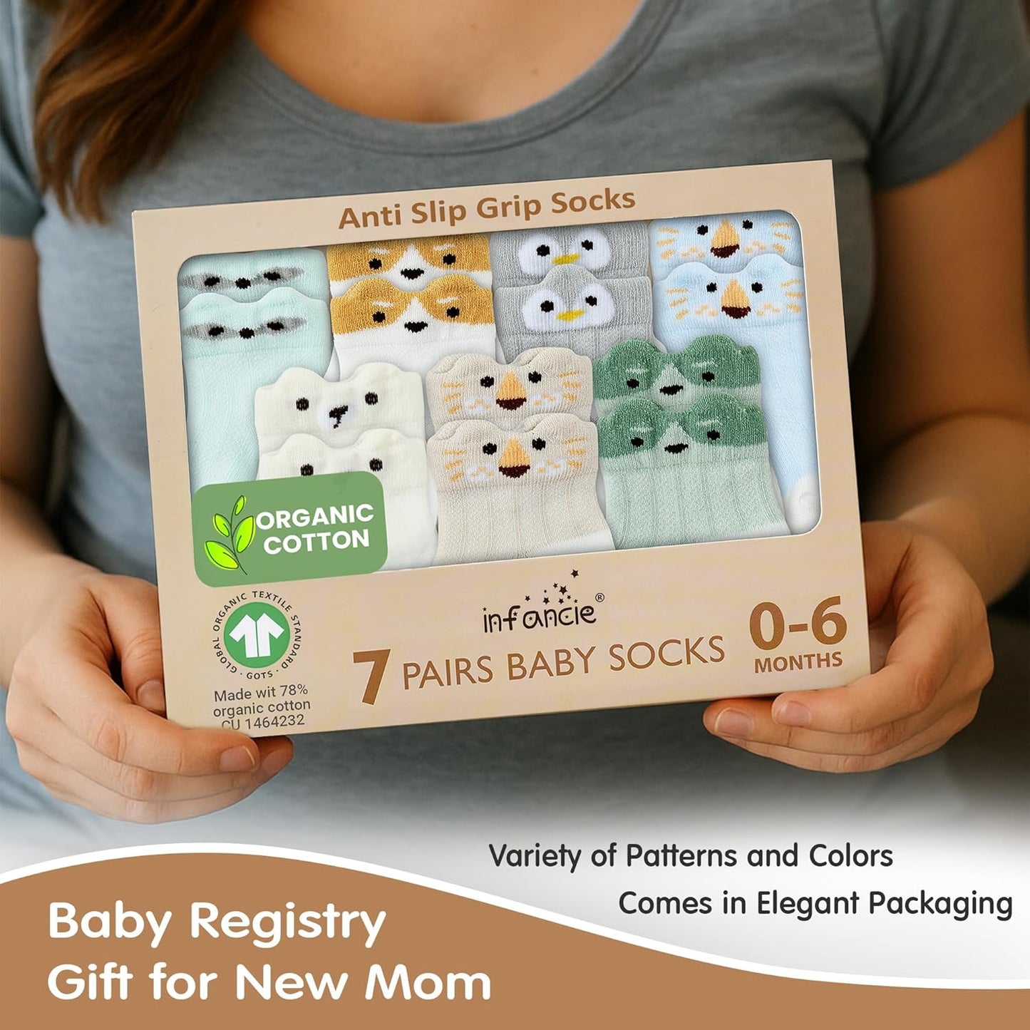 Organic Cotton GOTS Certified Baby Socks 7 Pairs 0-6 Months Soft for Infants Breathable, Newborn Socks Animal Design