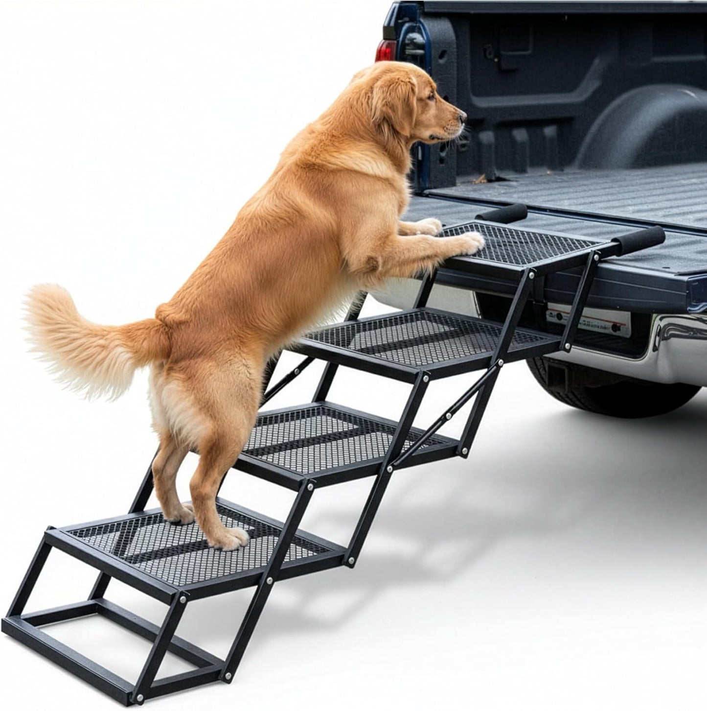Foldable 4-Step Dog Stairs for Cars, Trucks & SUVs – Heavy-Duty Carbon Steel Pet Ladder Supports 230LB, Non-Slip Metal Mesh, Joint-Friendly Portable Ramp for Large & Small Dogs