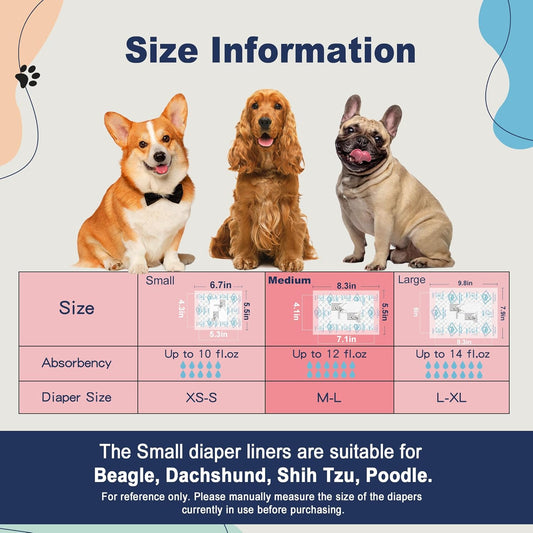 Dog Diapers Liners, 150 Ct, Super Absorbent Doggie Diaper Inserts for Male Dog Wraps and Female Dog Diapers, Hook-and-Loop Tape Design, Super-fit & No Shifting, Medium Dog Diaper Pads