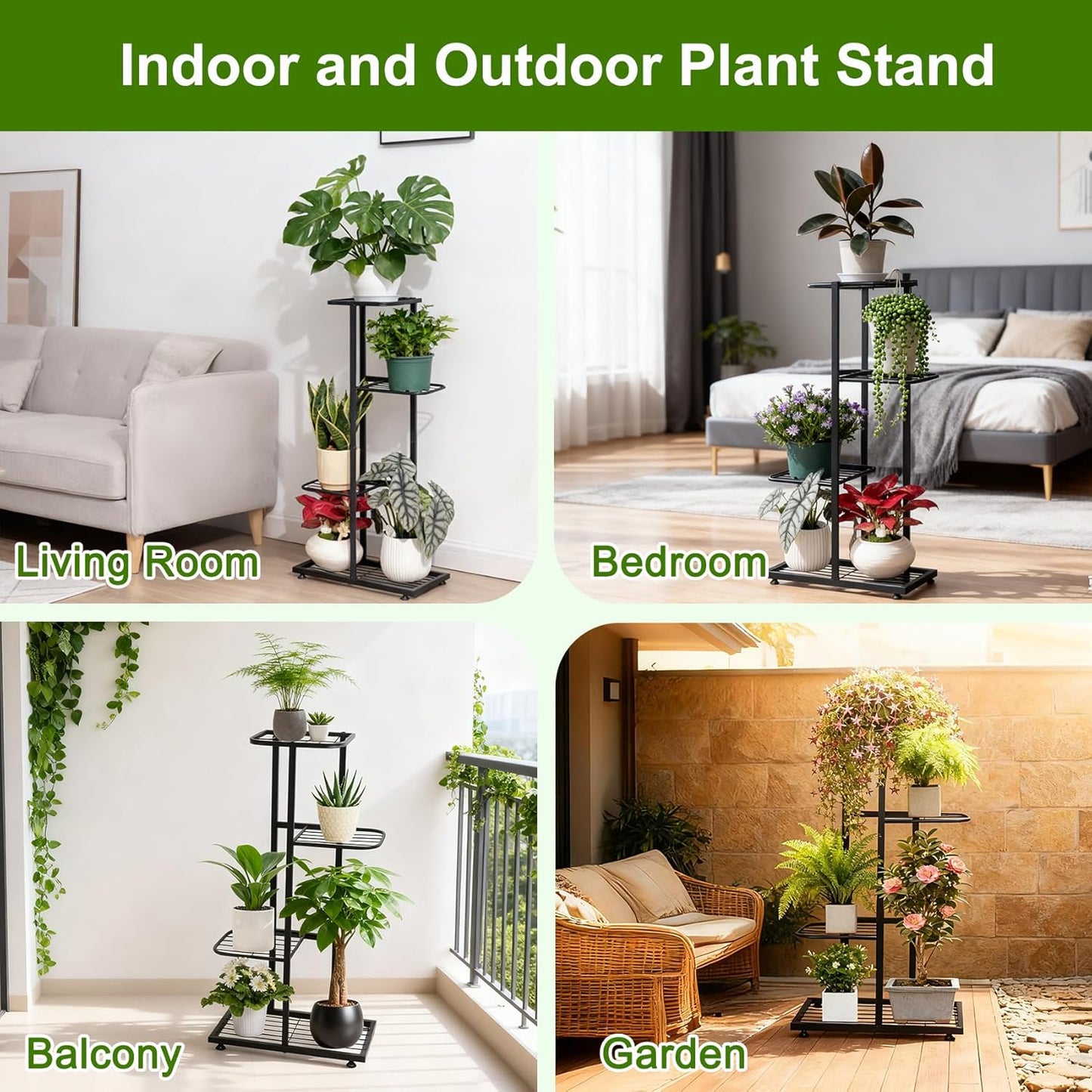 Plant Stand Indoor Outdoor, Corner Metal Plant Stands, Heavy Duty Tall Planter Shelf for Multiple Plants, Flower Pot Holder for Patio Garden Balcony Living Room (Black, 4 Tier-5 Potted)