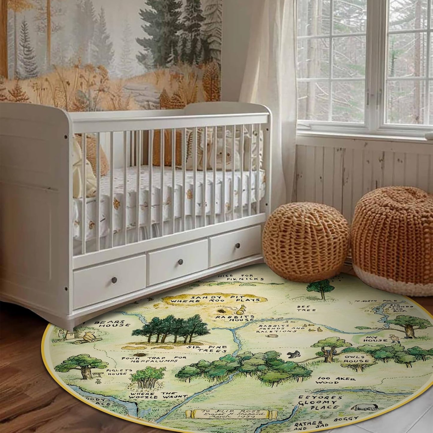 Estmy 5ft Washable Round Nursery Rug, Cute Woodland Kids Play Rug for Girls Boys Neutral Soft Crawling Play Mat for Classroom Children Toddlers Bedroom Stain Resistant, 100 Acre Wood Map Rug