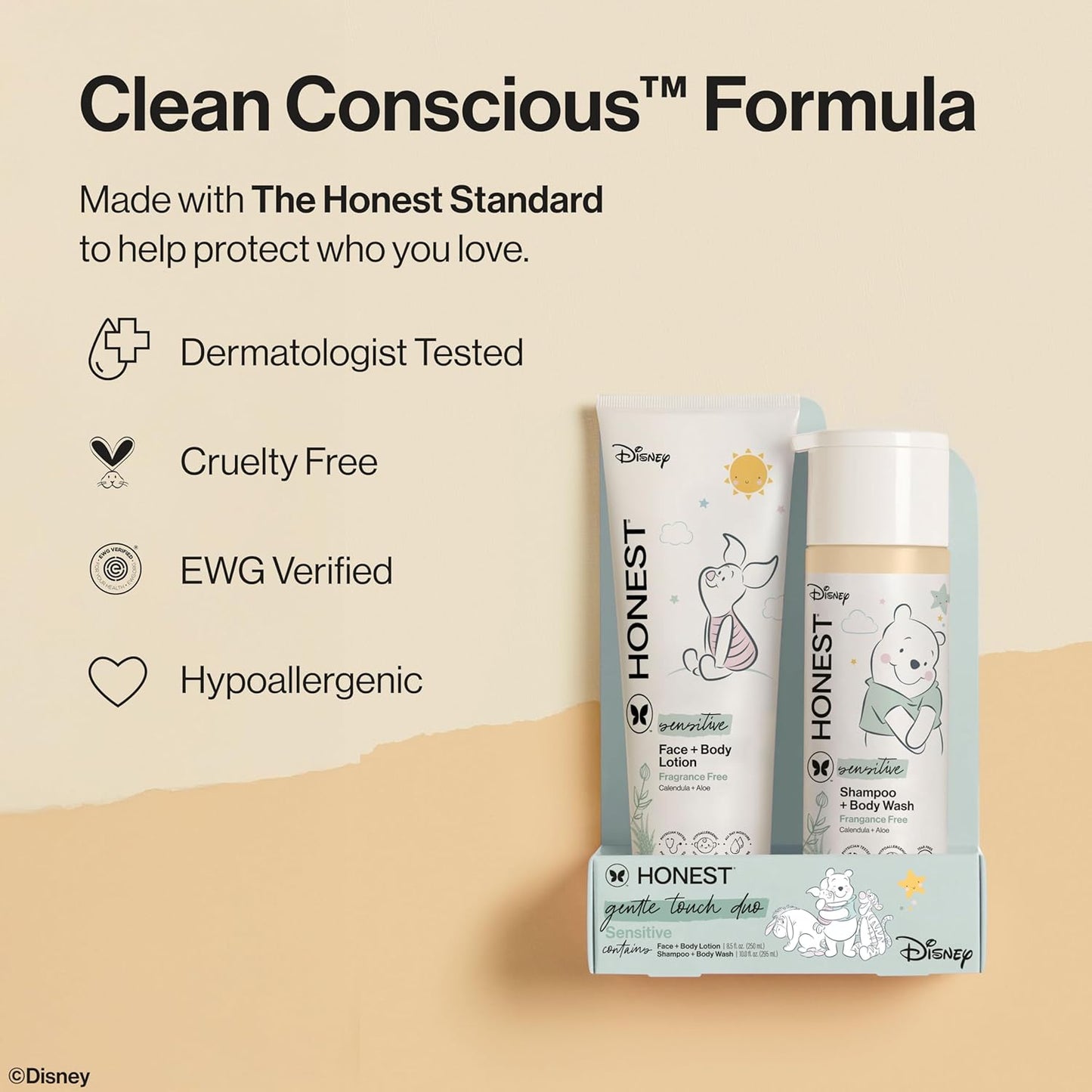 The Honest Company 2-in-1 Cleansing Shampoo and Body Wash, Face Lotion Bundle, Disney Design, Gentle for Baby, Dermatologist Tested, Sensitive Fragrance-Free, 18.5 fl oz