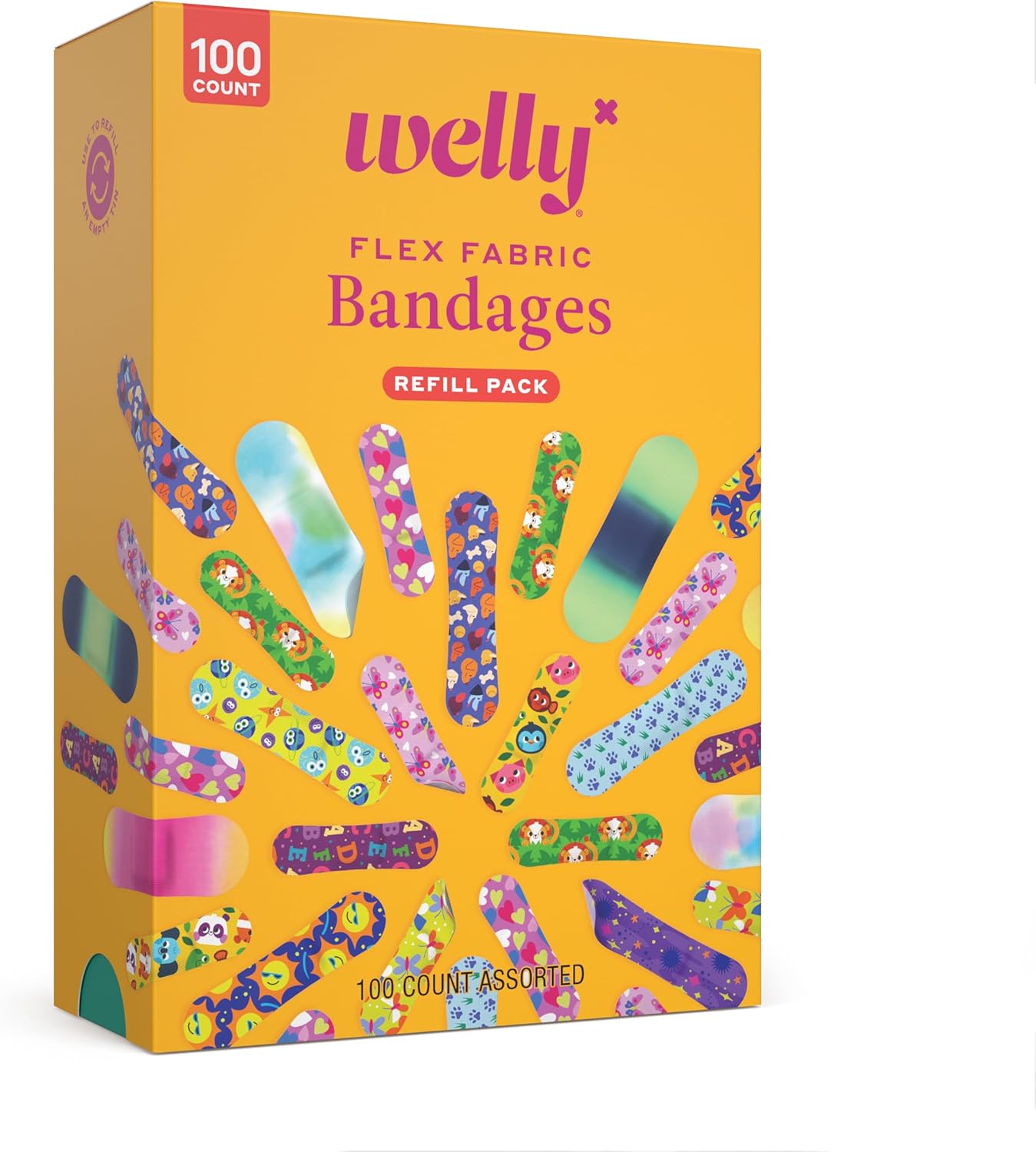 Welly Bravery Badge Value Pack | Adhesive Flexible Fabric Bandages | Assorted Shapes and Patterns for Minor Cuts, Scrapes, and Wounds - 100 Count