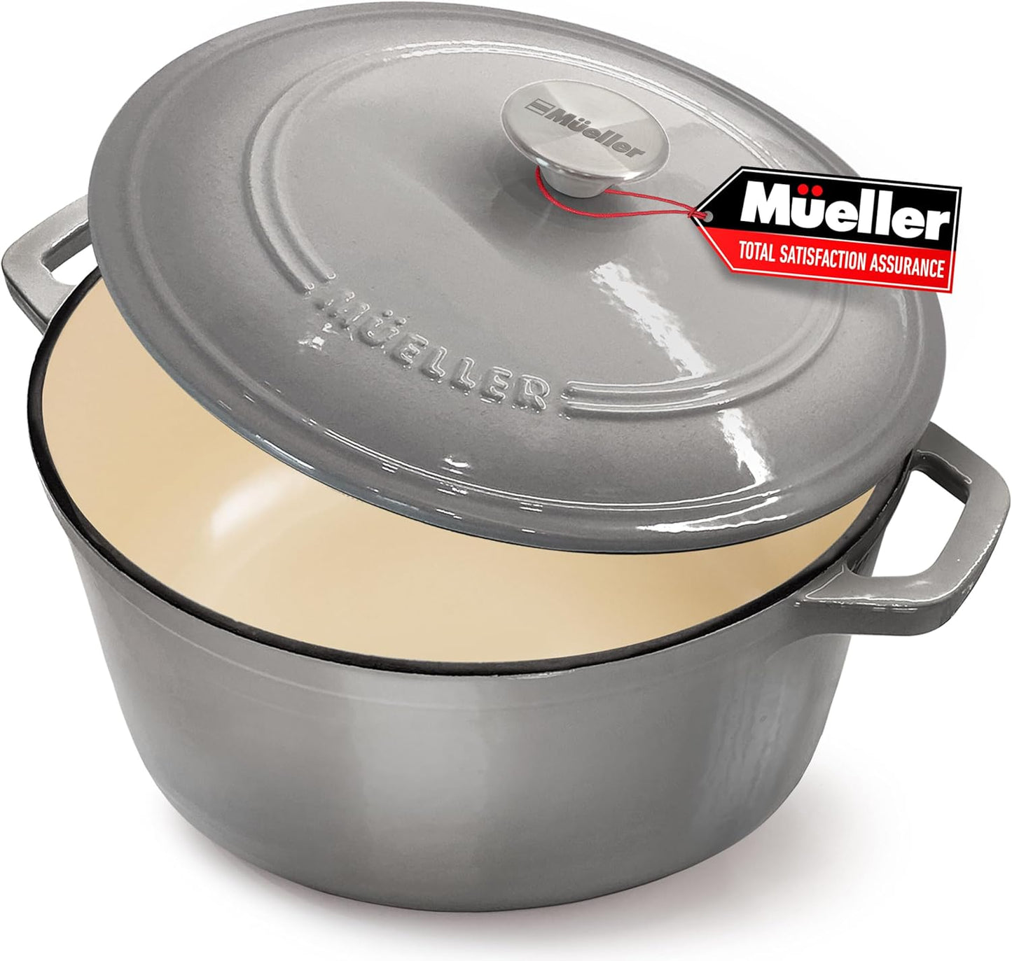 Mueller 6 Quart Enameled Cast Iron Pot Dutch Oven, Heavy-Duty Oven-Safe up to 500° F, & Across All Cooktops, Casserole Dishes for Ovens, Bread Pan with Lid and Knob, Cast Iron Cookware, Grey
