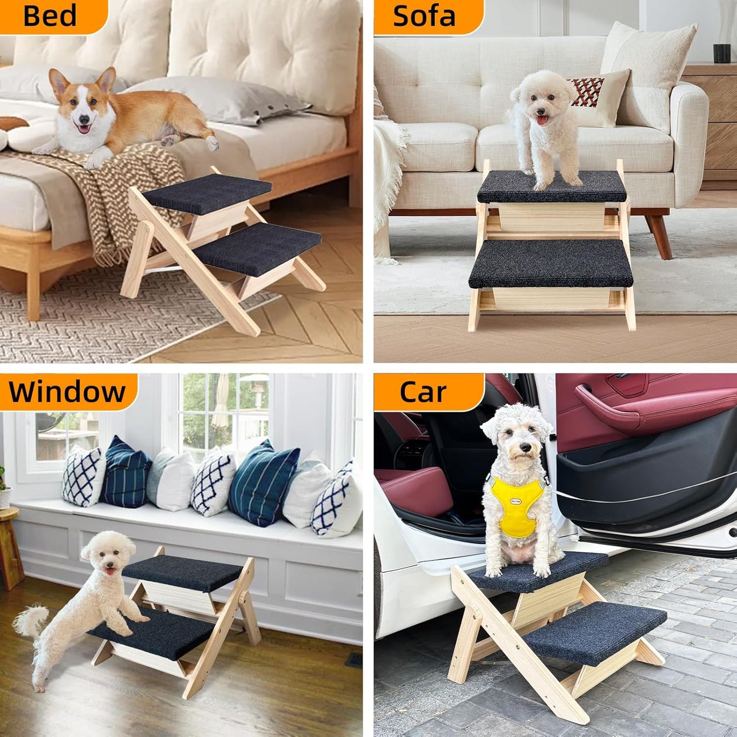 Dog Stairs/Ramp for Bed, Wooden 2-in-1 Foldable Pet Stairs & Ramp, Portable Dog Step Up to 180 Pound for Elderly/Short-Legged Dogs, 2 Steps for Beds, Couch, Cars