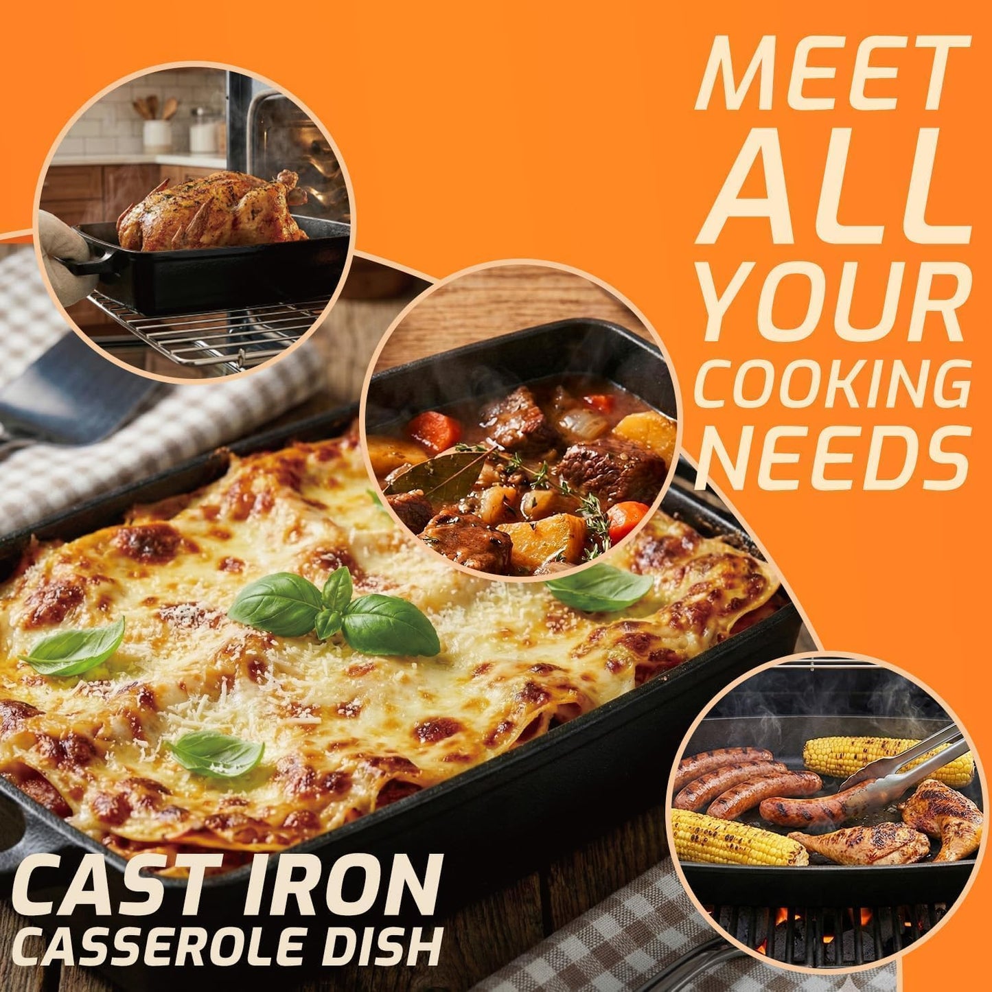 2-in-1 Pre-Seasoned Cast Iron Casserole Dish with Lid, Rectangular Dutch Oven, Cast Iron Baking Pan&Baking Dish for Lasagna, Sourdough Bread, 13"x9"