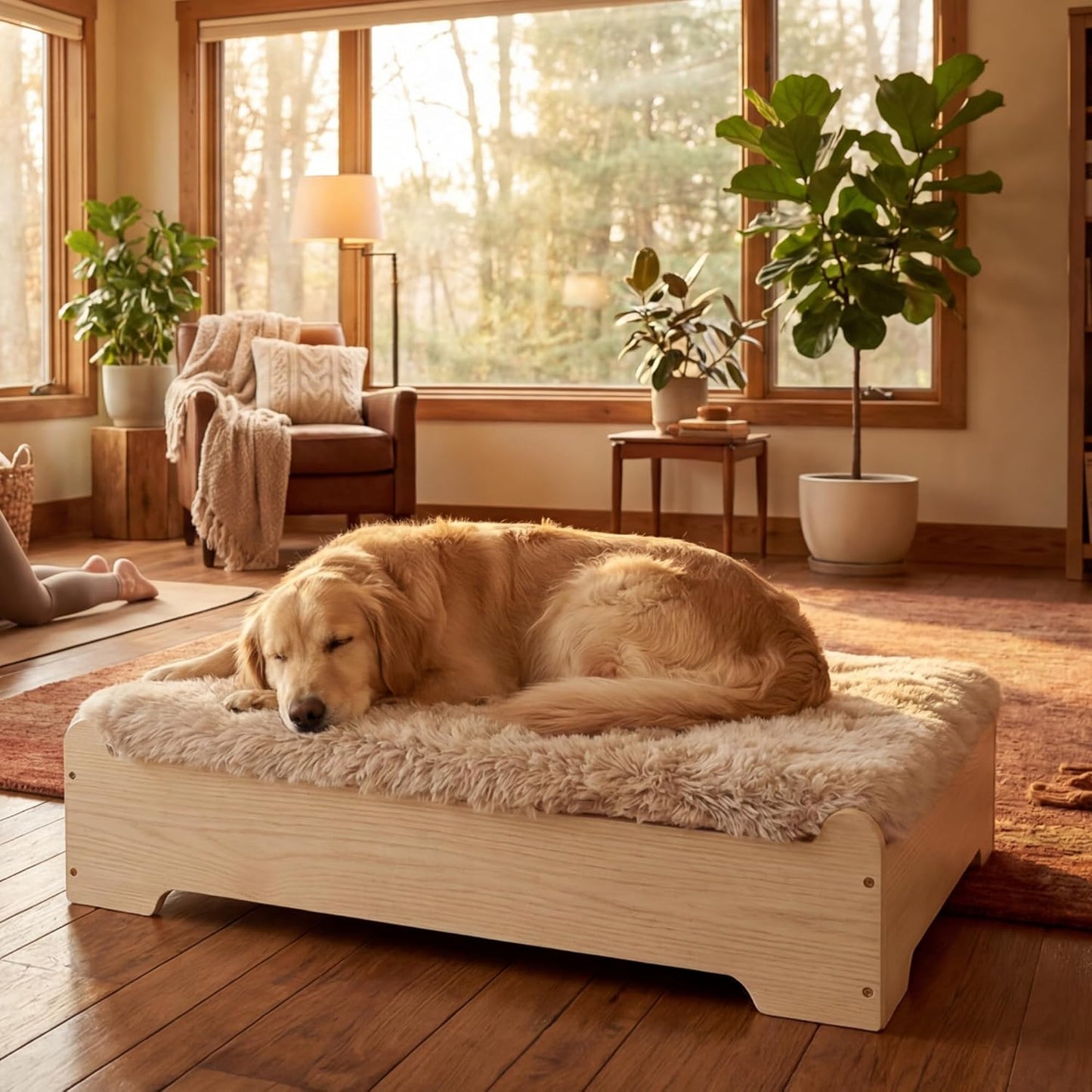Elevated Dog Bed and Luxury Mattress with Removable Washable Cover, Egg Crate Foam, Wooden Frame, Suitable for Pet Up to 95 lbs, Naturalwood, XL