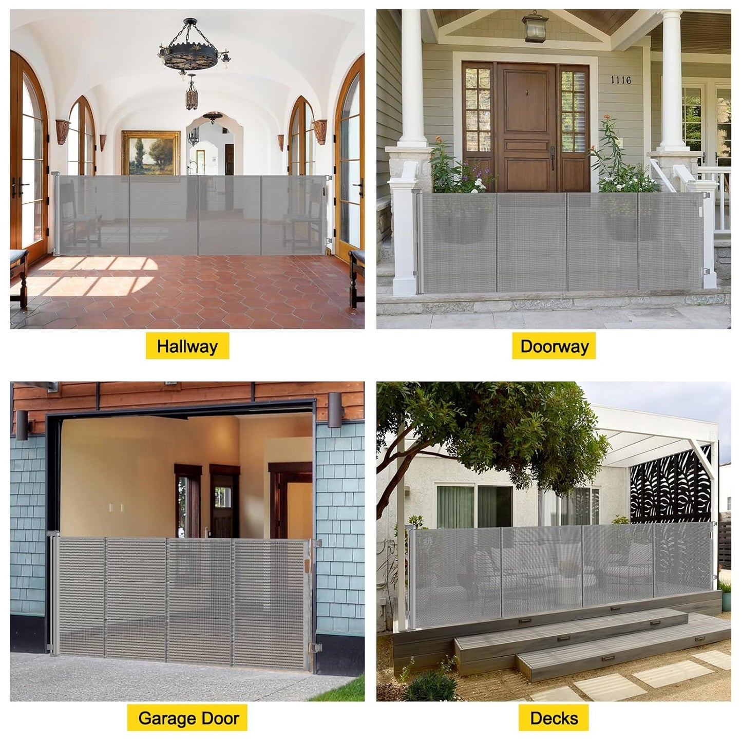 Reinforced 42” Extra Tall x 80” Wide Retractable Baby Gates with Rods to Prevent Crawling Through, Extra Tall Dog Gate for Large Openings Indoor Long Mesh Pet Gate for Stairs and Doorways, Gray