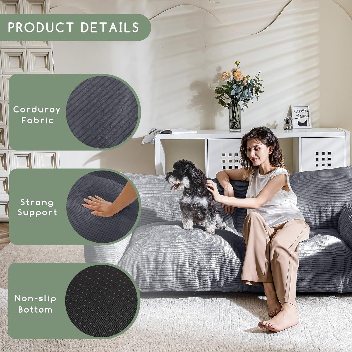 HIGOGOGO Large Human Dog Bed, Giant Human Dog Sofa, Big Comfy Floor Sofa Couch for Pet Families with Foam Chunk Supportive Mat, XXXXL Size Corduroy Orthopedic Bed, Grey