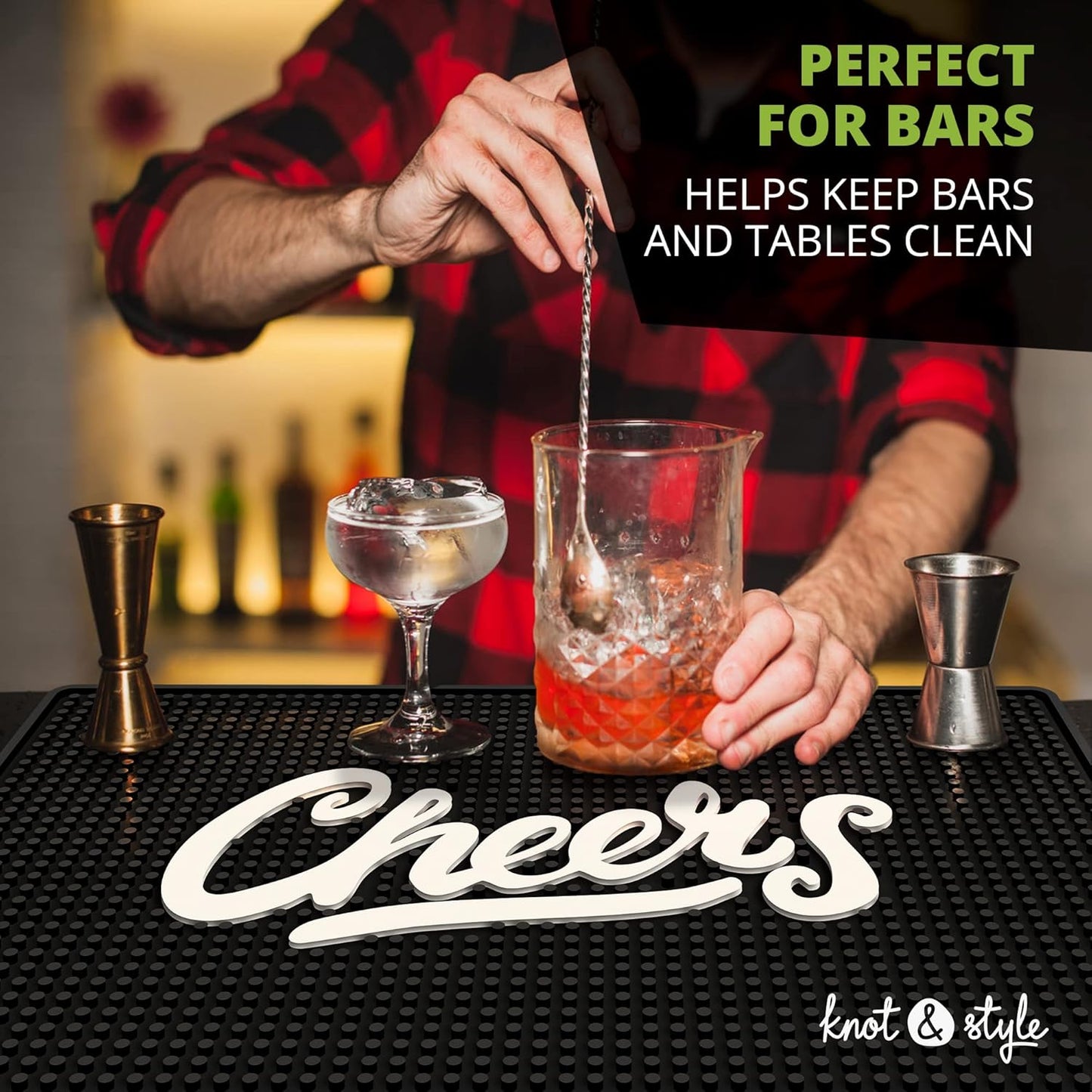 Cheers Bar Mat – Heavy Duty 18"x12" Rubber Bar Mats for Countertop, Non-Slip Bartender & Spill Mat for Home Bar, Cocktail Service & Bar Cart