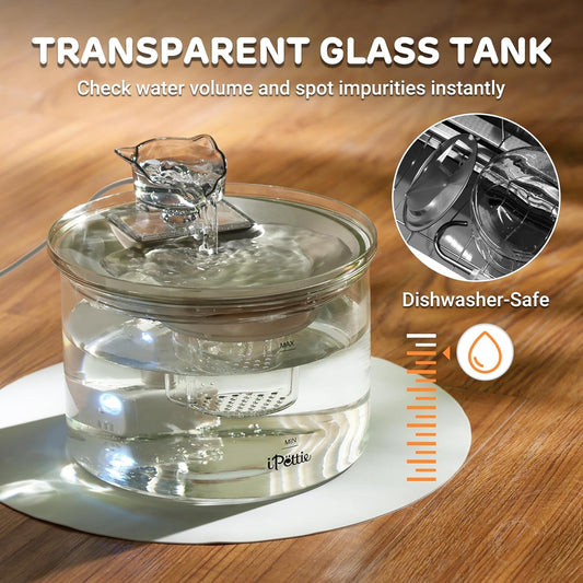 iPettie Glass Cat Water Fountain, Kitty Spout Water Fountain 68oz/2L for Cats Dogs with 2 Spray Heads, 3-Stage Filtration, Automatic Water Dispenser, Glass & Stainless Steel