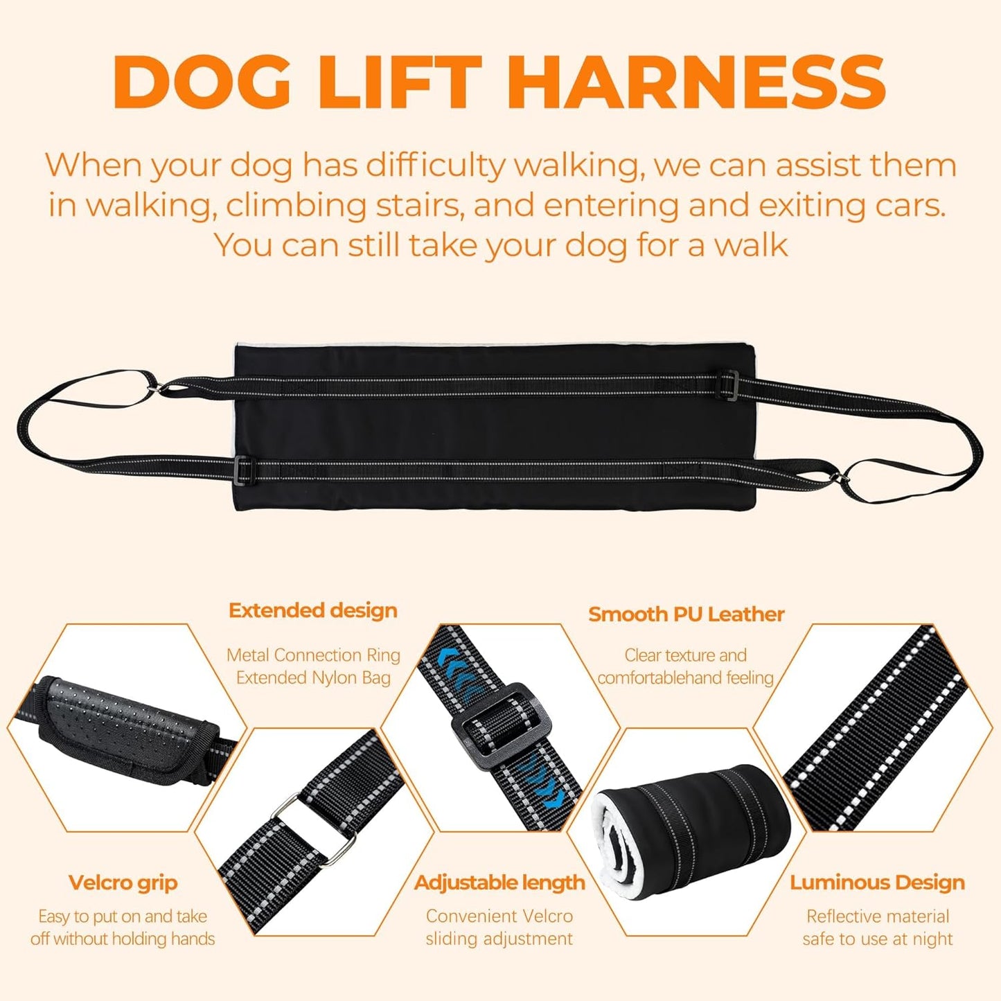 Dog Lift Harness, Adjustable Comfortable Dog Sling with Handle for Hind Leg Support Soft Lift Support and Rehab Harness for Weak Rear Legs, Helps Senior, Injured, Disabled and After ACL Surgery Dogs M