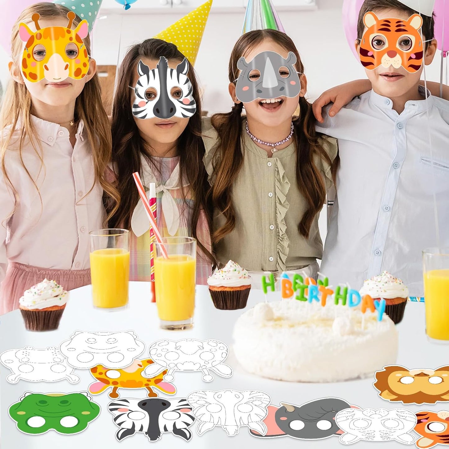 63Pcs Color Your Own Animal Masks Crafts for Kids DIY Paper Blank Jungle Animal Party Favors Lion Tiger Monkey Masks Making Kits with Ropes for School Class Activities Birthday Party Supplies