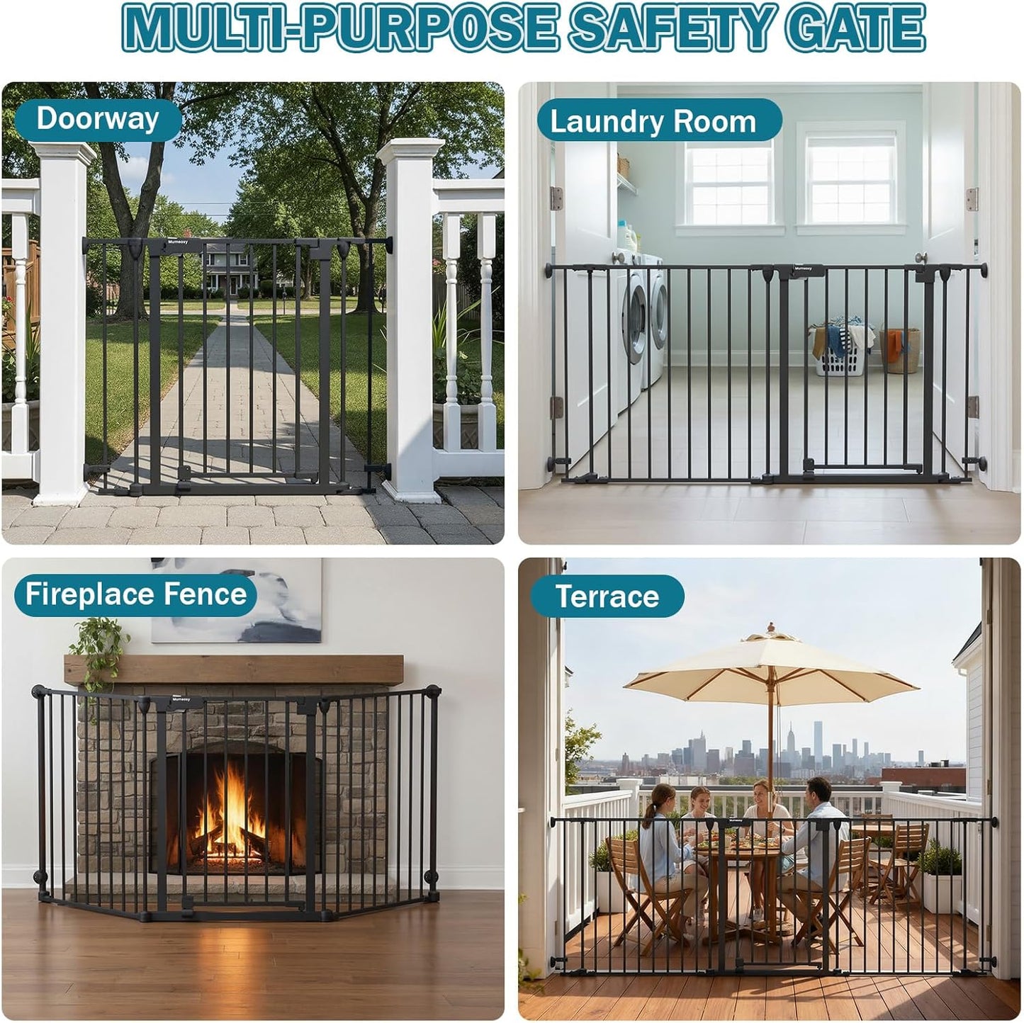 Mumeasy 80" Extra Wide Baby Gate for Doorways, Stairs & Fireplace, Auto Close Dog & Pet Gate with Walk Thru Door, 3 Metal Panels, Hardware Mounted Child Safety Fence for House, Indoor/Outdoor, Black