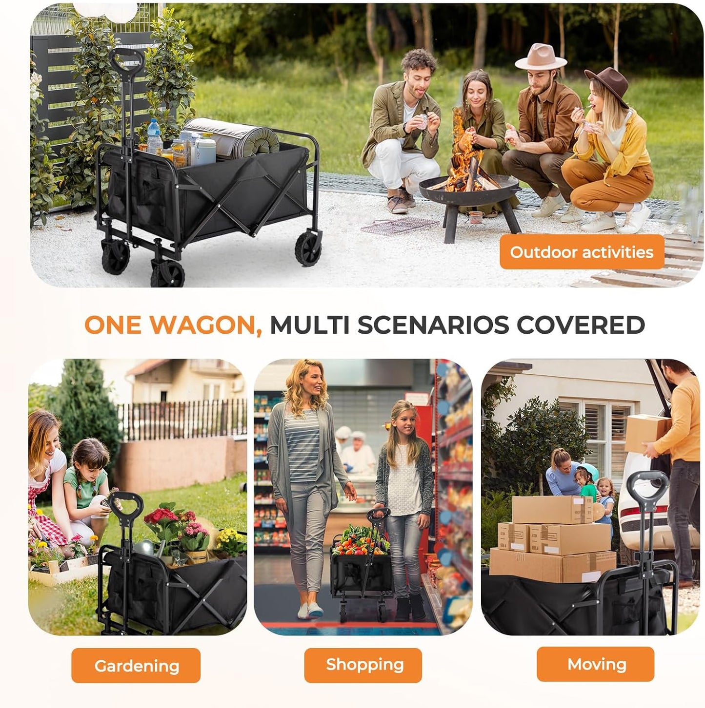 PASAMIC Collapsible Wagon 220 lbs, Heavy Duty Wagon Carts Foldable, Portable Wagons for Groceries, Beach Cart with All-Terrain Wheels & Drink Holders, Utility Wagon for Shopping, Sports, Camping,Black