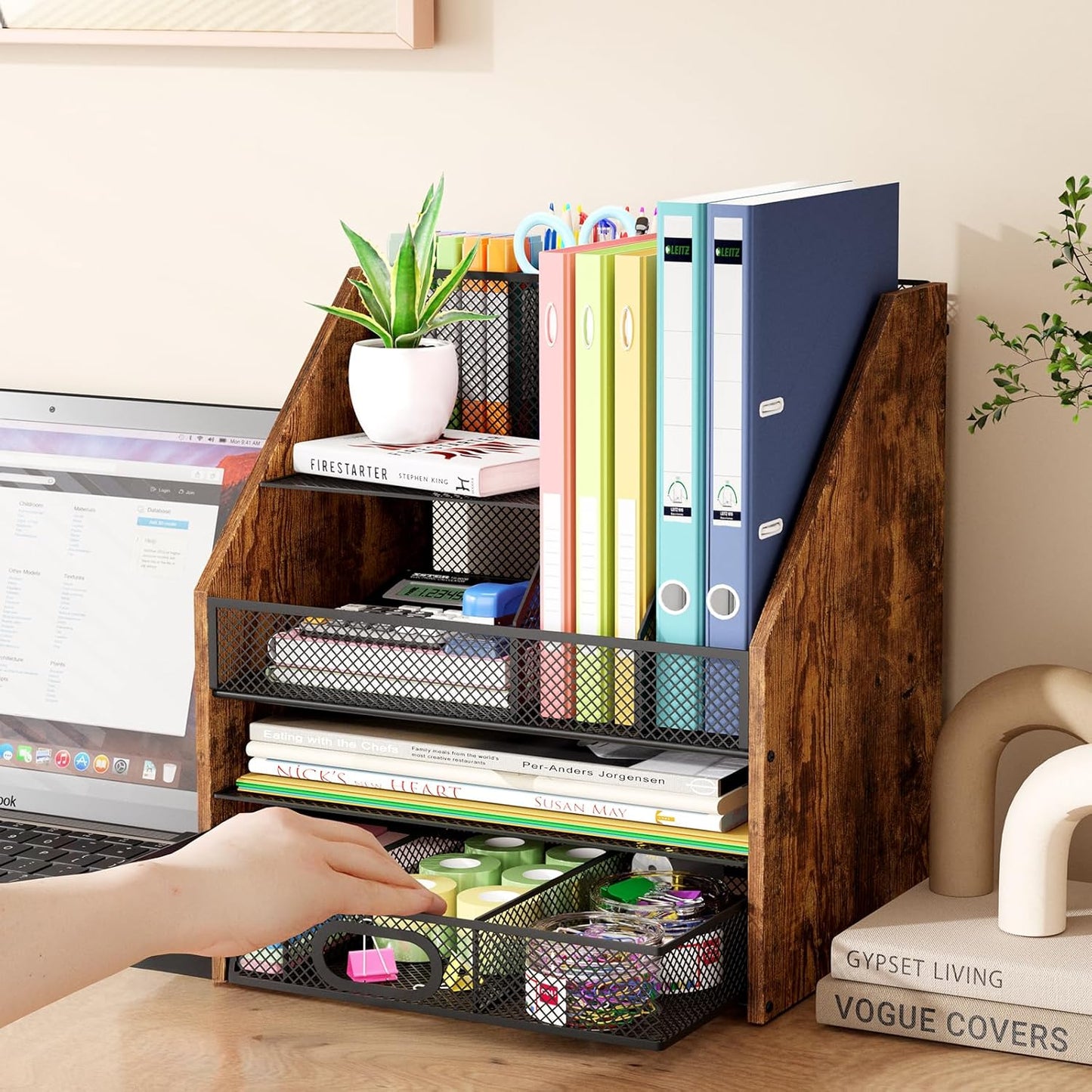 Wooden Desk Organizer - Mesh File Organizer with Drawers and Pen Holder - 4-Tier Vertical Paper Letter Storage Tray, Desktop Organizers and Accessories for Home Office