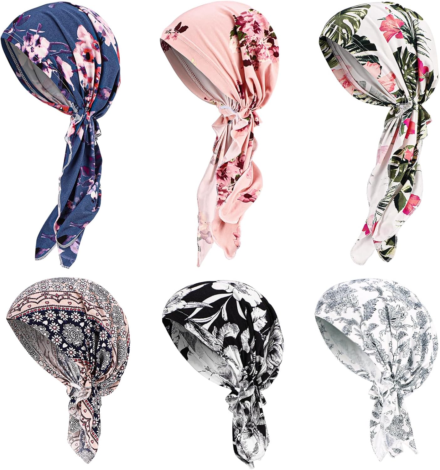 6 Pcs Chemo Headwear for Women, Pre Tied Cancer Caps Stretch Hat Turban Sleep Headwraps for Patient Hair Loss
