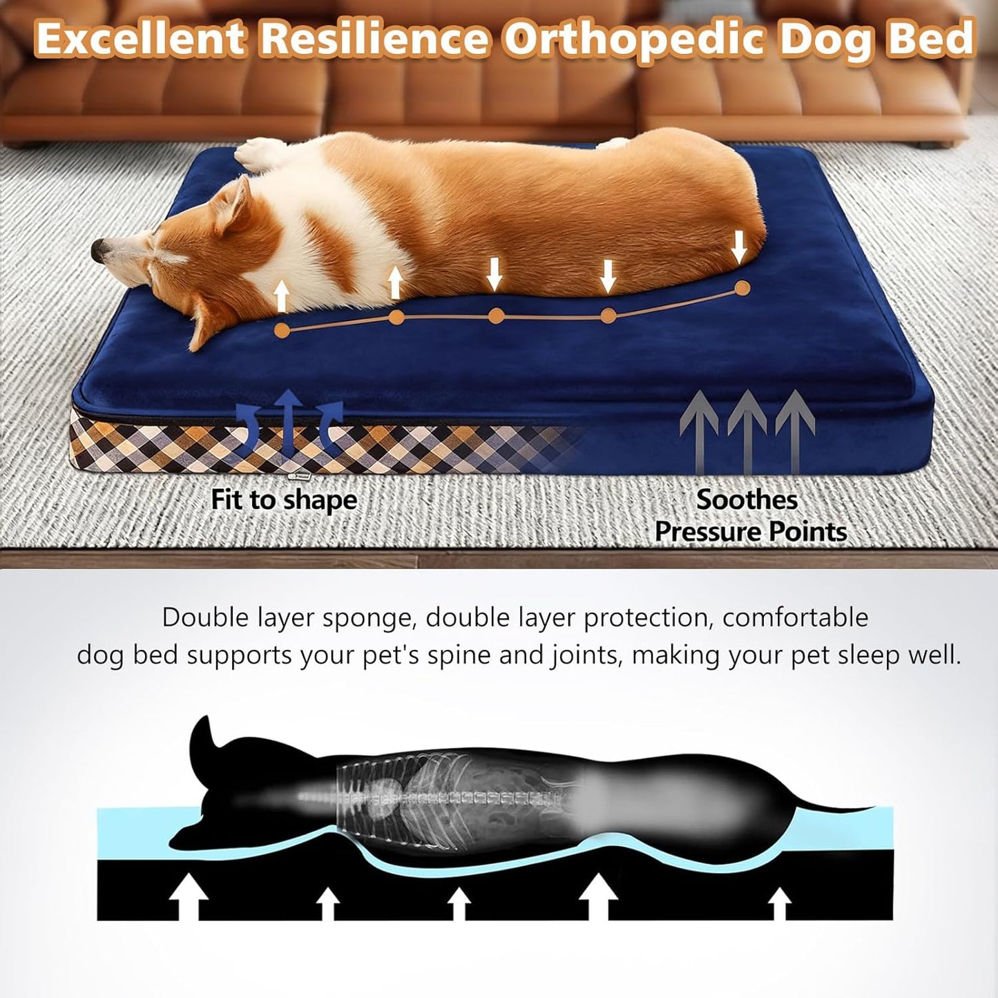 Magic Dog Orthopedic Extra Large Dog Bed, Super Soft 2-Layer High Density Foam XL Jumbo Pet Bed, No Installation Non Slip Bottom Dog Mattress with Removable Washable Cover