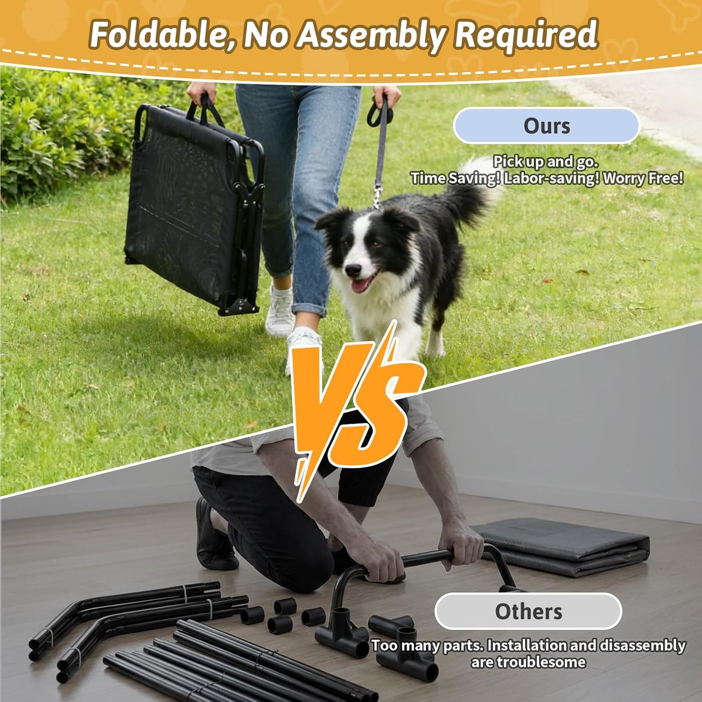 Foldable Elevated Dog Bed for Large Pet, No-Assembly-Need Folding Raised Dog Bed, Waterproof Outdoor Dogs Cot Cooling Pet Hammock Beds with Breathable Mesh, Chew-Proof, Black
