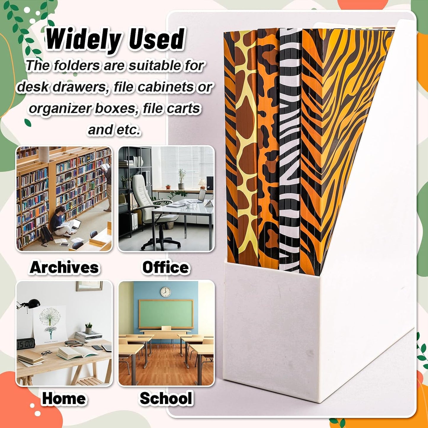 Whaline 24 Pack Animal Prints File Folders Letter Size Safari Leopard Zebra Tiger Giraffe File Pockets with 1/3 Cut Tab for Home Office Classroom Supplies, 8.9 x 11.6 Inch