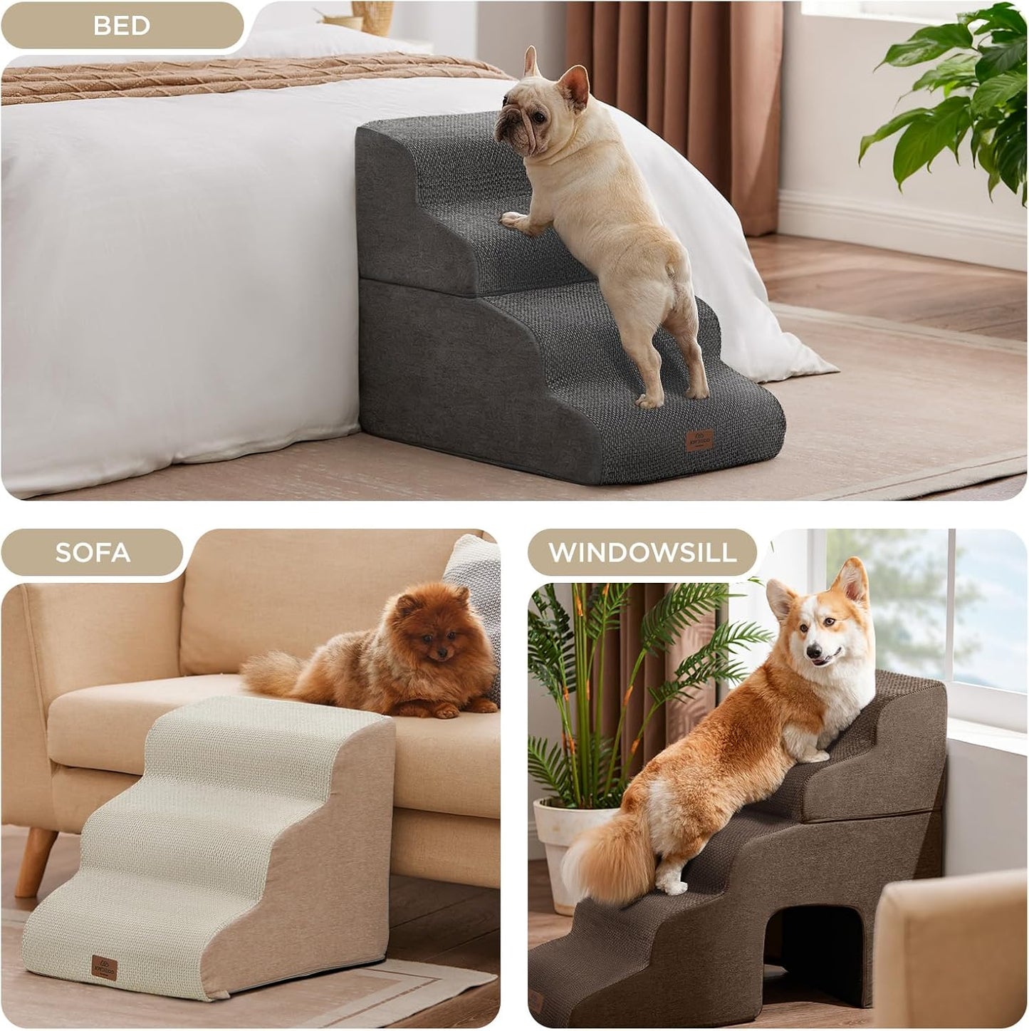 Joydeco Dog Stairs for Bed 29" H, 5-Step Pet Steps for Small Dogs and Cats, Dog Steps for High Bed, Non-Slip Balanced Ramp Indoor Pet Stairs, Beige