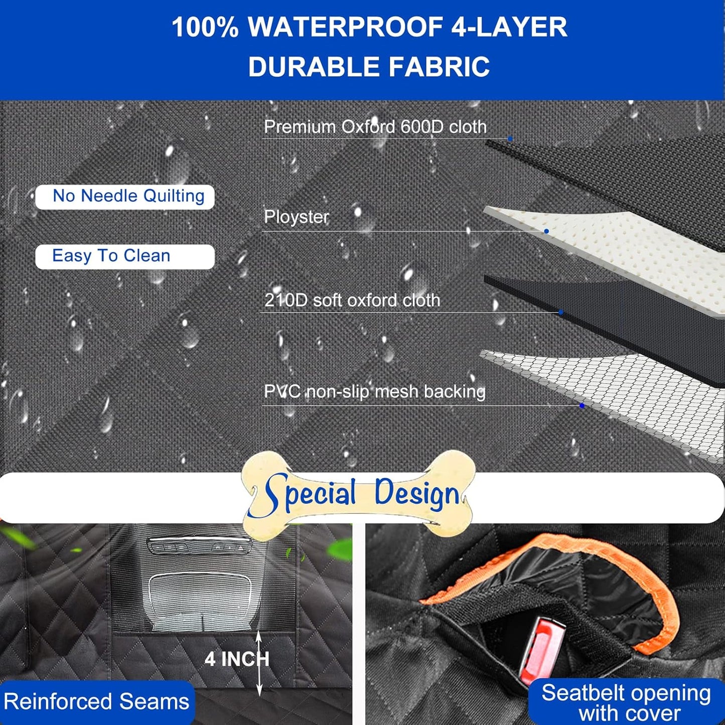 Dog Car Seat Cover for Back Seat 600D Scratchproof Nonslip Durable Waterproof Cars Pet Backseat Covers with Mesh Window Dogs Hammock for Car，SUV, Truck (54" W x 58" L)