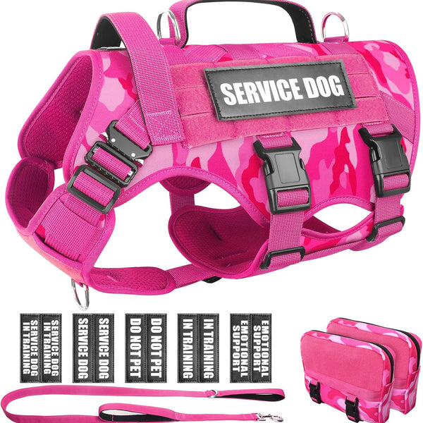 WINSEE Tactical Dog Harness with Dog Leash, Service Working MOLLE Vest with 10 Pet Patches for Dog, No Pull Military Harness and Backpack for Training Hunting Walking